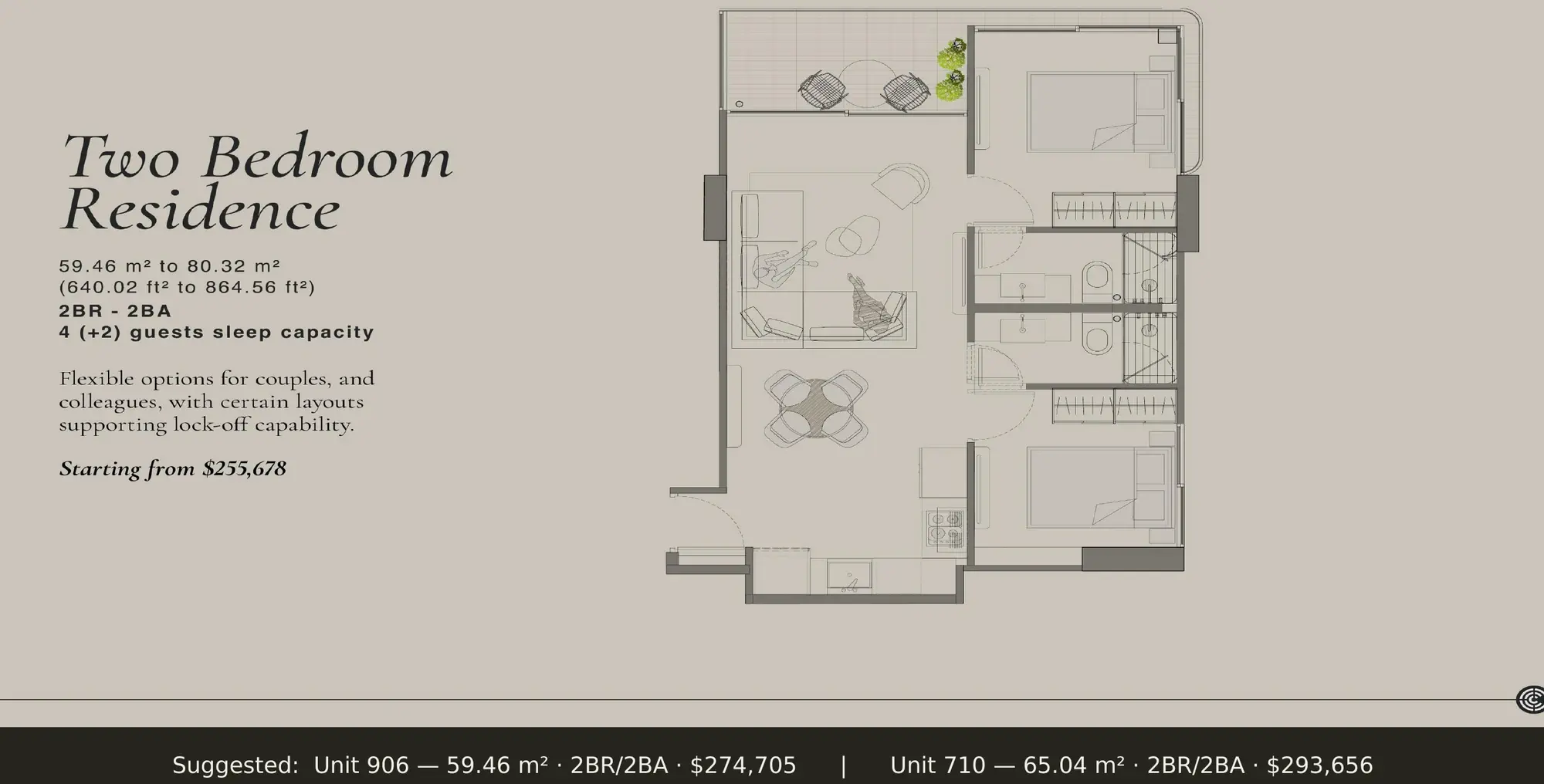 Floor plan of a 59.46–65.04 m² Centro Obarrio apartment with two bedrooms, two bathrooms and a terrace.
