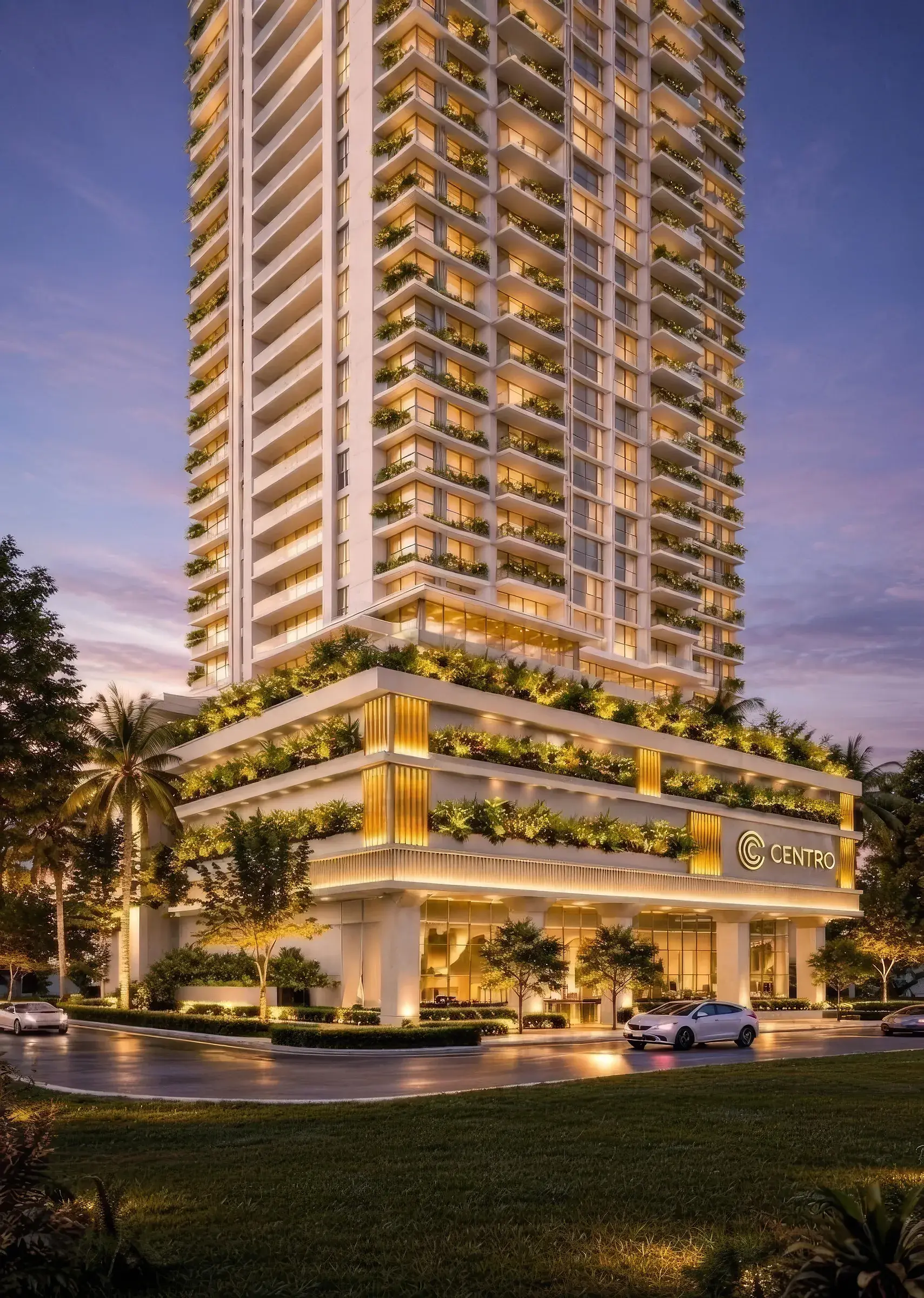 Architectural render of the Centro Obarrio tower at dusk, with planted balconies on every floor above a podium of terraced greenery, the Centro sign and a street entrance.