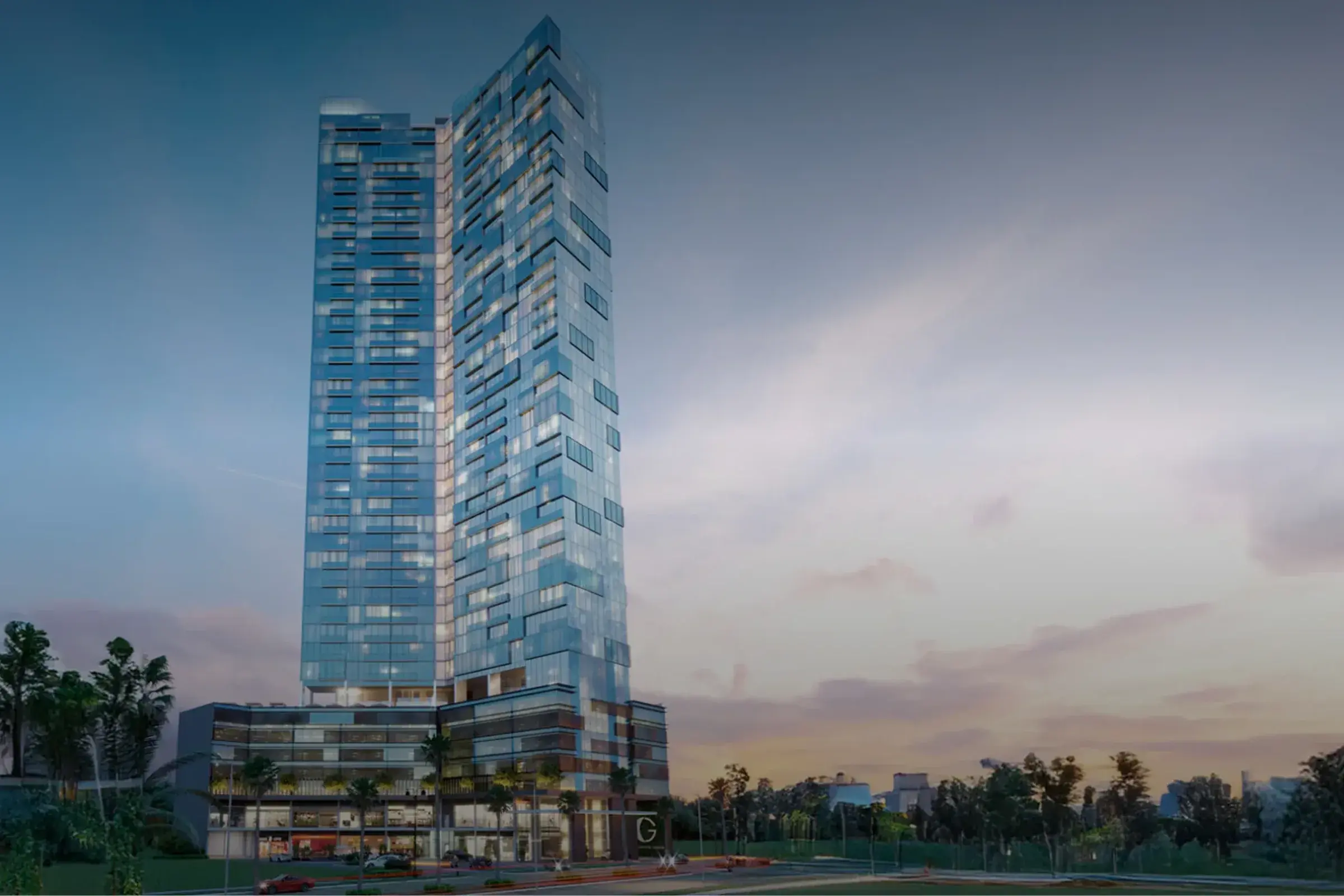Architectural render of the Generation Tower glass towers at dusk, rising from a multi-level podium with ground-floor shops and the project's G monogram at the entrance.