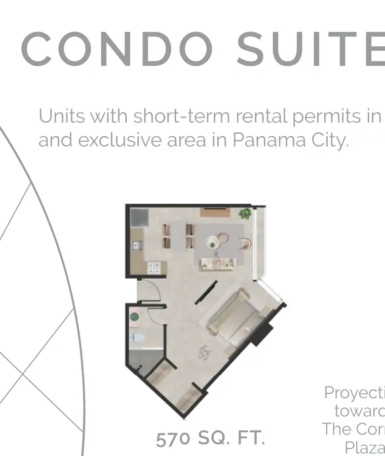 Floor plan of a 53 m² Generation Tower studio suite with an open kitchen, dining and living area, a sleeping area, one bathroom and a narrow balcony.