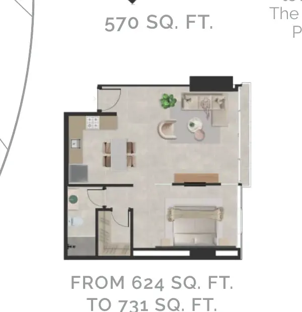 Floor plan of a 58–68 m² Generation Tower studio suite with an open kitchen, dining and living area, a sleeping area, one bathroom with a walk-in closet and a narrow balcony.
