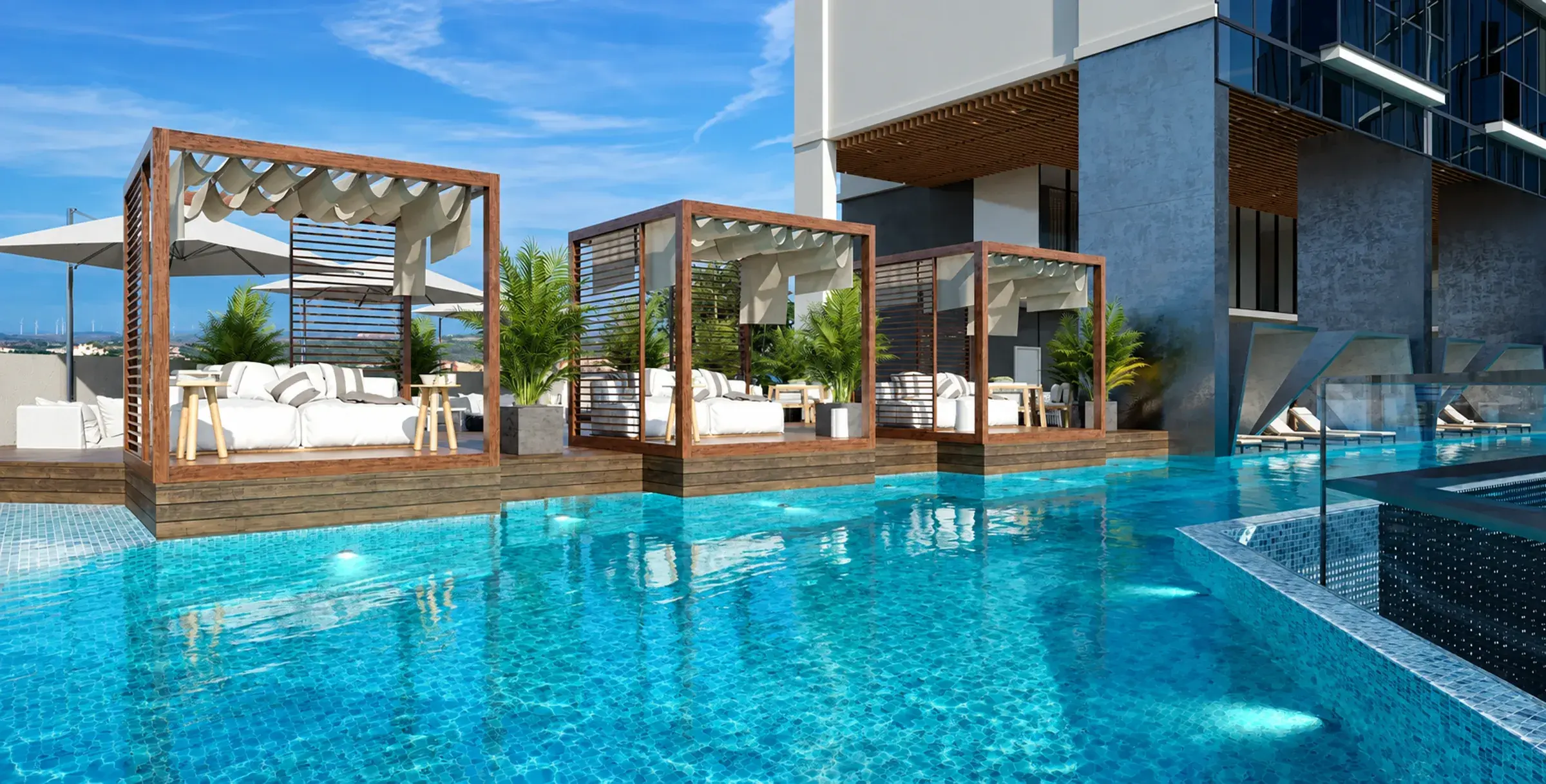 Architectural render of the Generation Tower rooftop pool with three wooden cabanas with white lounge seating on a platform in the water, beside the tower's dark stone base.