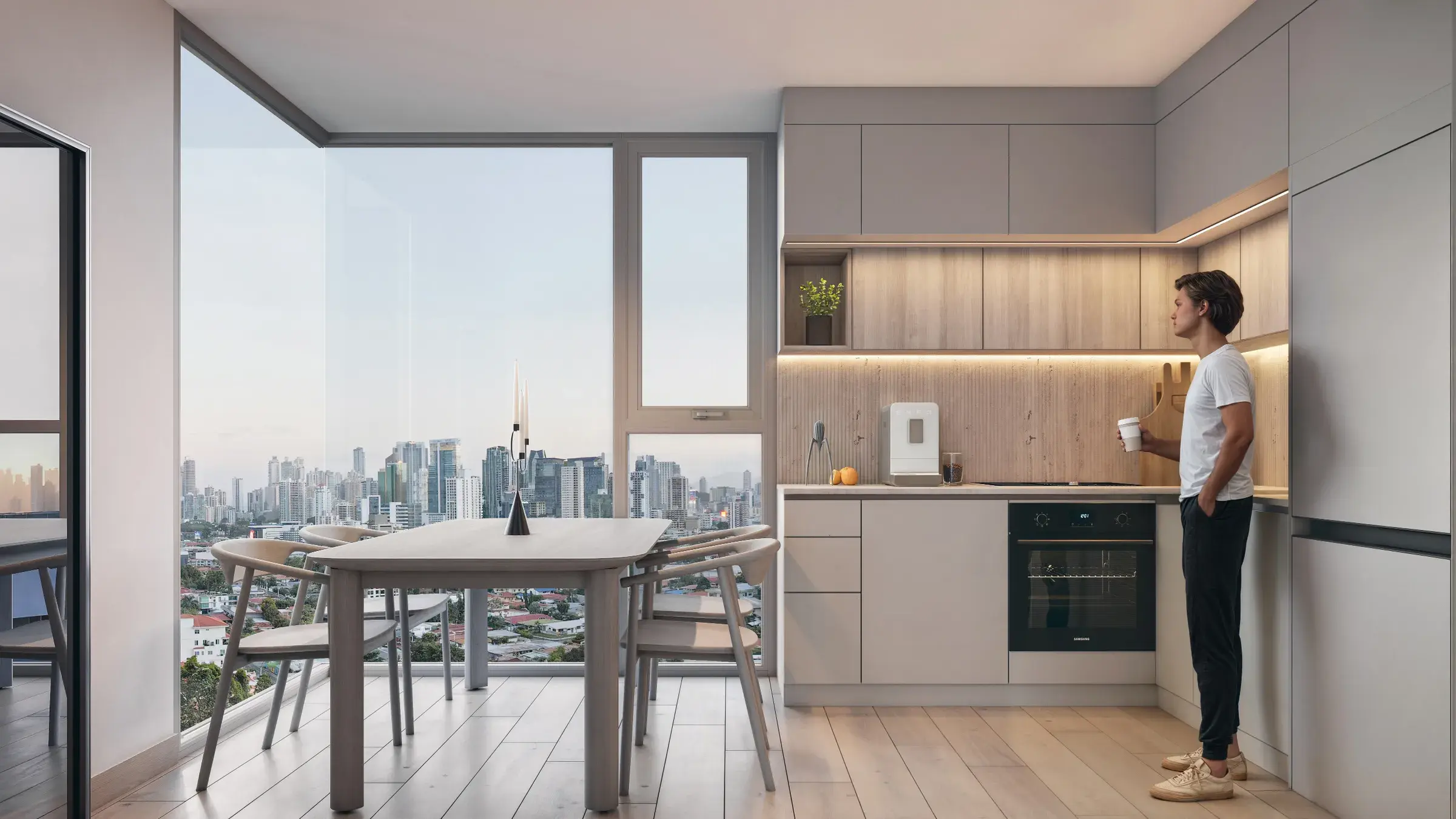 Architectural render of a Gesti 66 loft kitchen and dining area.