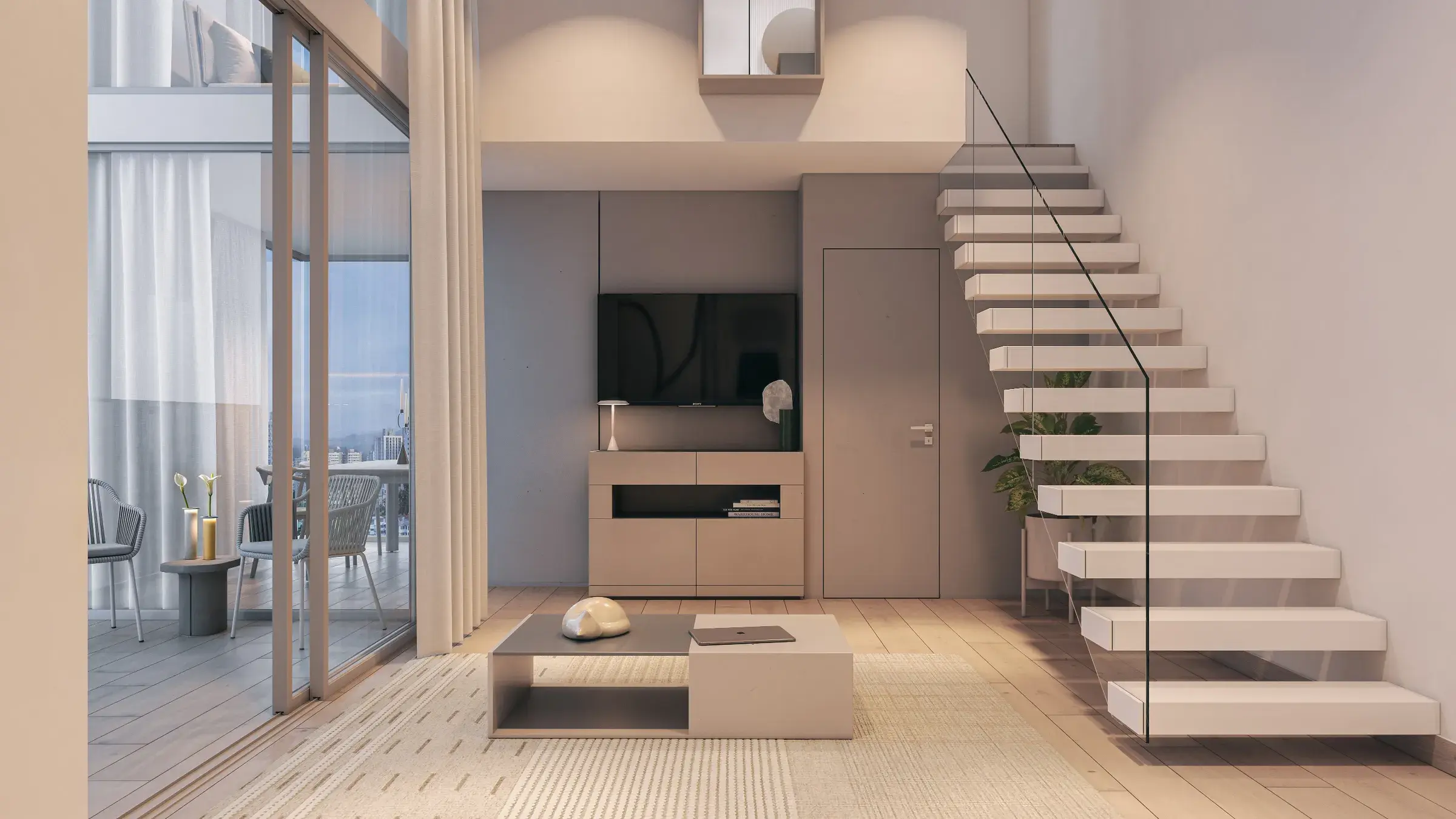 Architectural render of a double-height Gesti 66 loft living room with a glass staircase.