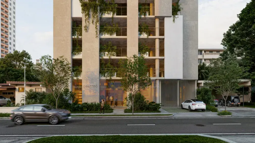 Architectural render of the Gesti 66 facade at street level.