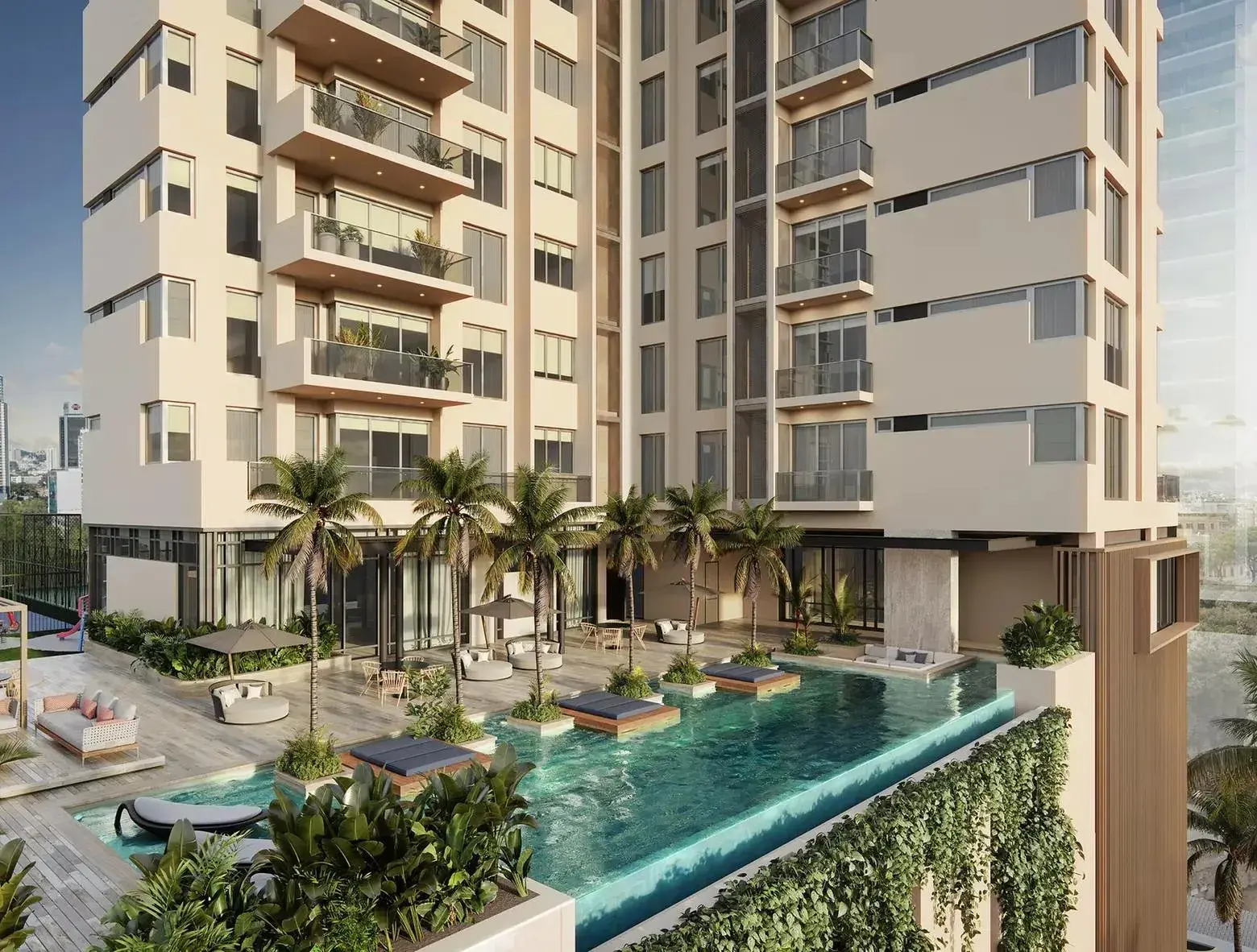 Architectural render of Madero's pool terrace and lower tower in Costa del Este.