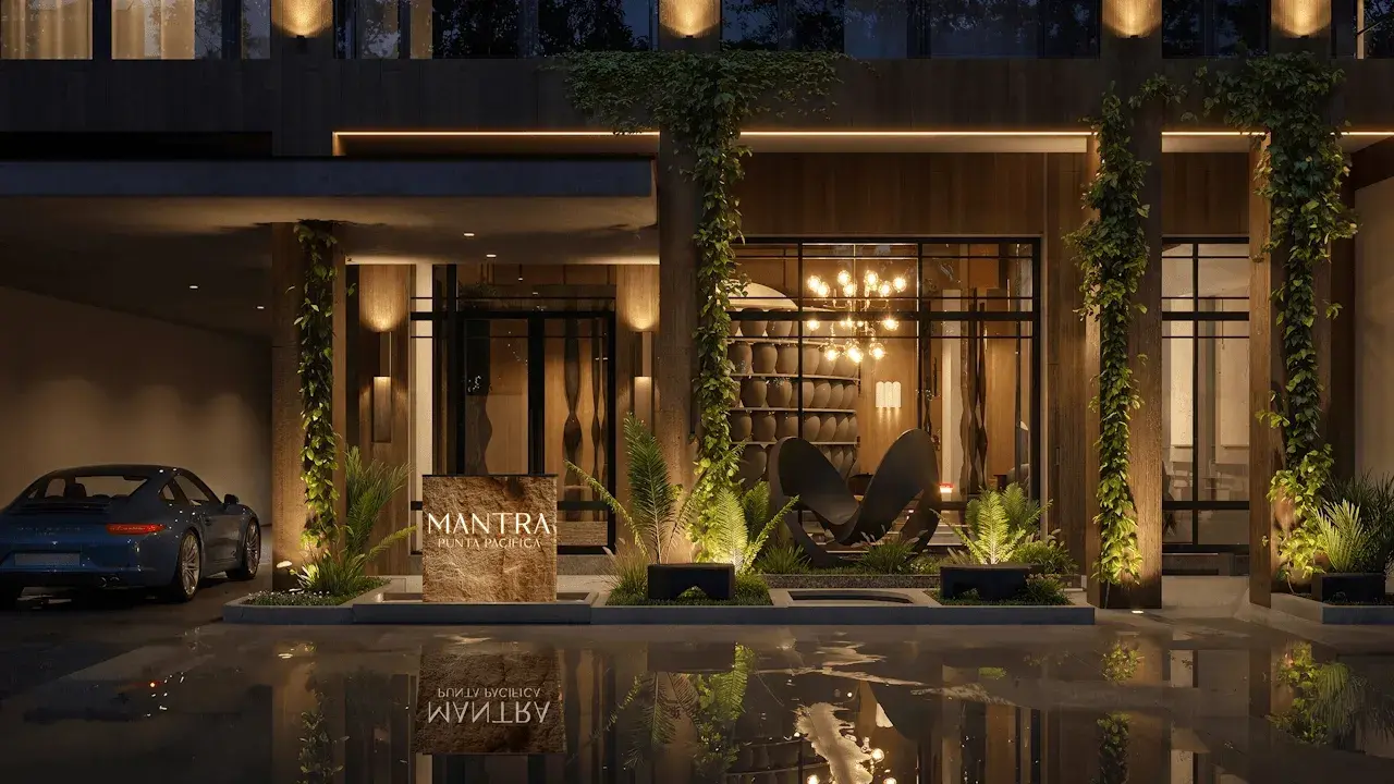 Architectural render of the Mantra entrance at dusk in Punta Pacífica.