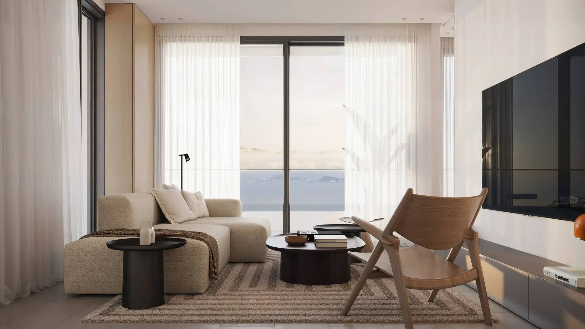 Architectural render of a Mantra apartment living room with an ocean view.