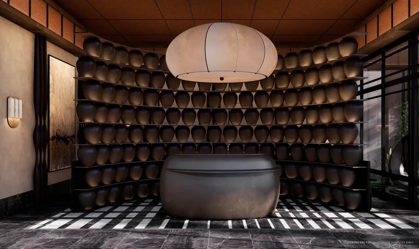 Architectural render of the Mantra lobby with a curved wall of clay urns.