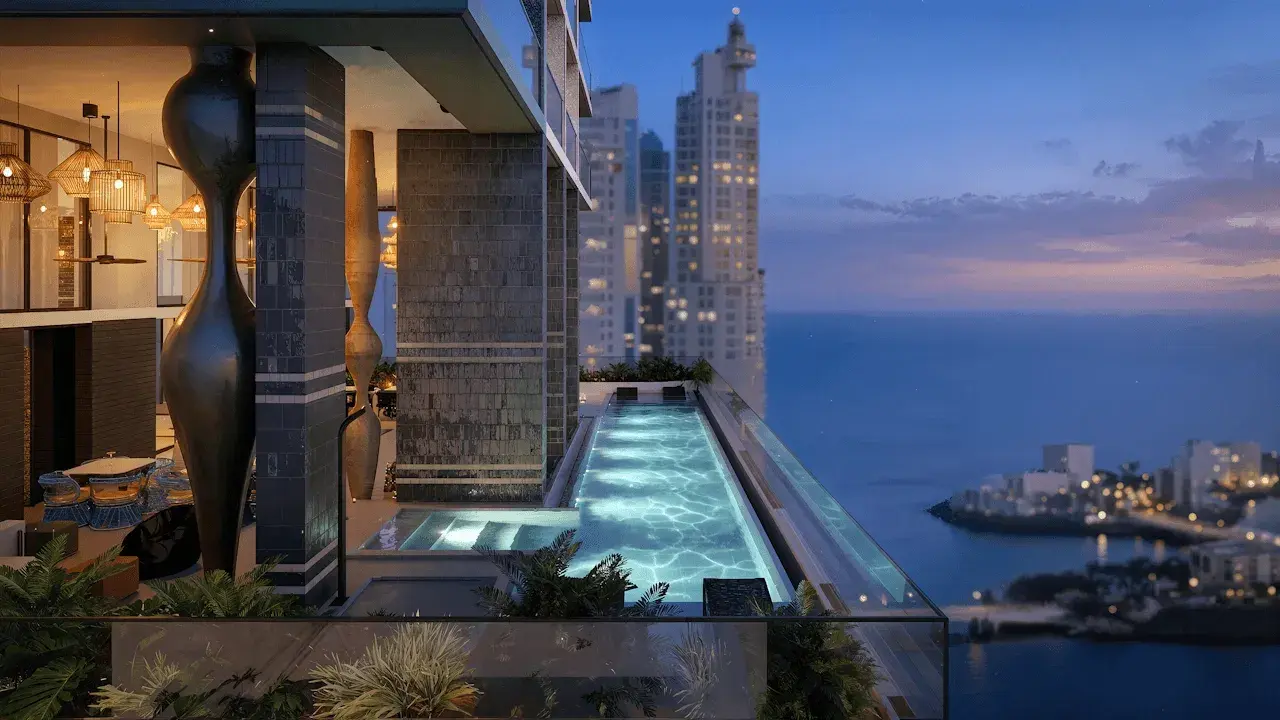 Architectural render of the Mantra rooftop lap pool over the bay at dusk.