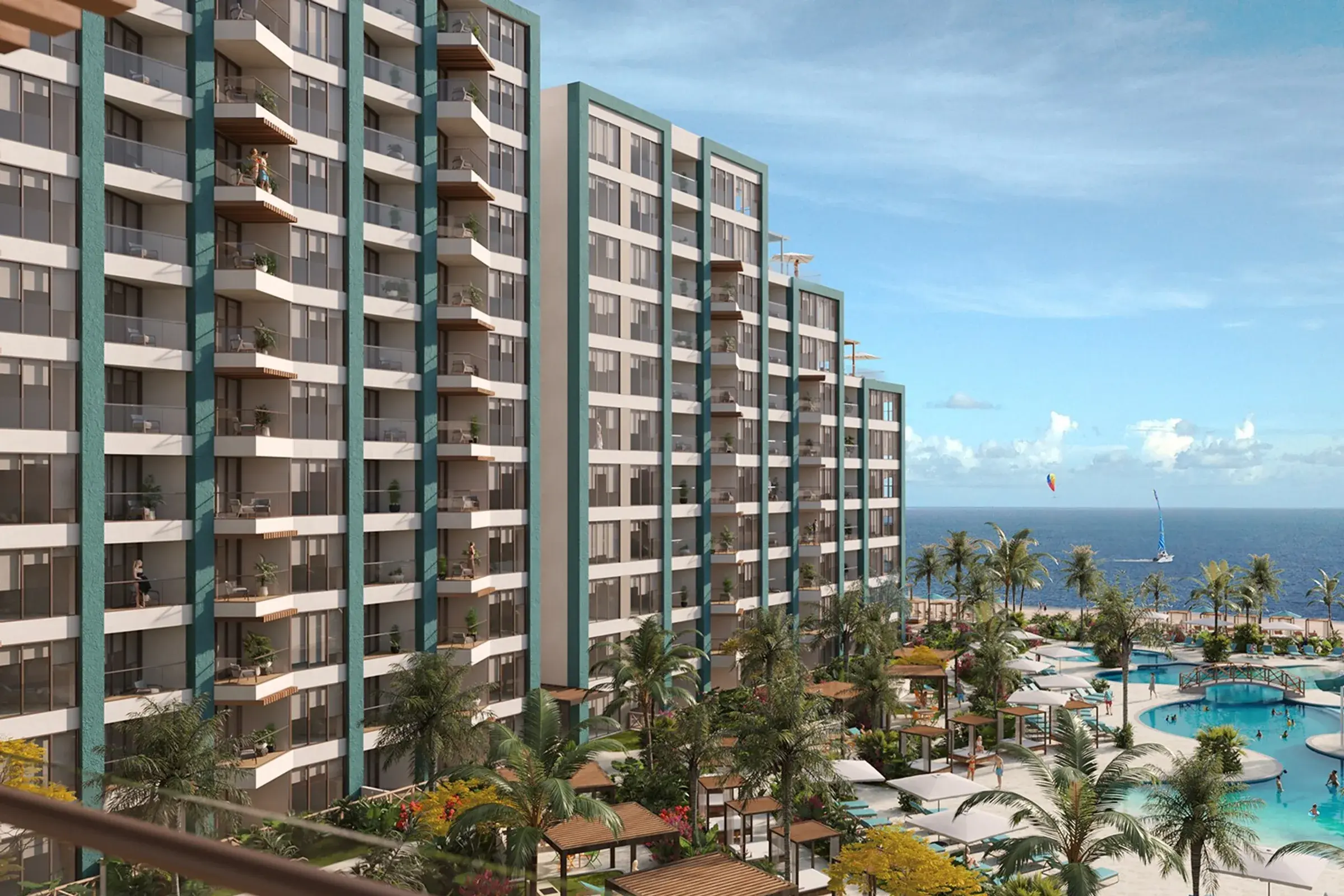 Architectural render of the Margaritaville Beach Resort & Residences condo towers at Playa Caracol, with balconies facing a lagoon-style pool, palm trees and the Pacific Ocean.