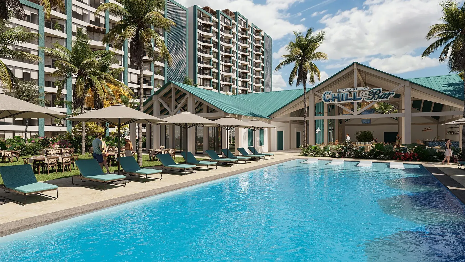 Architectural render of a long pool lined with loungers and umbrellas in front of the Margaritaville Chill Bar, with a condo tower behind.