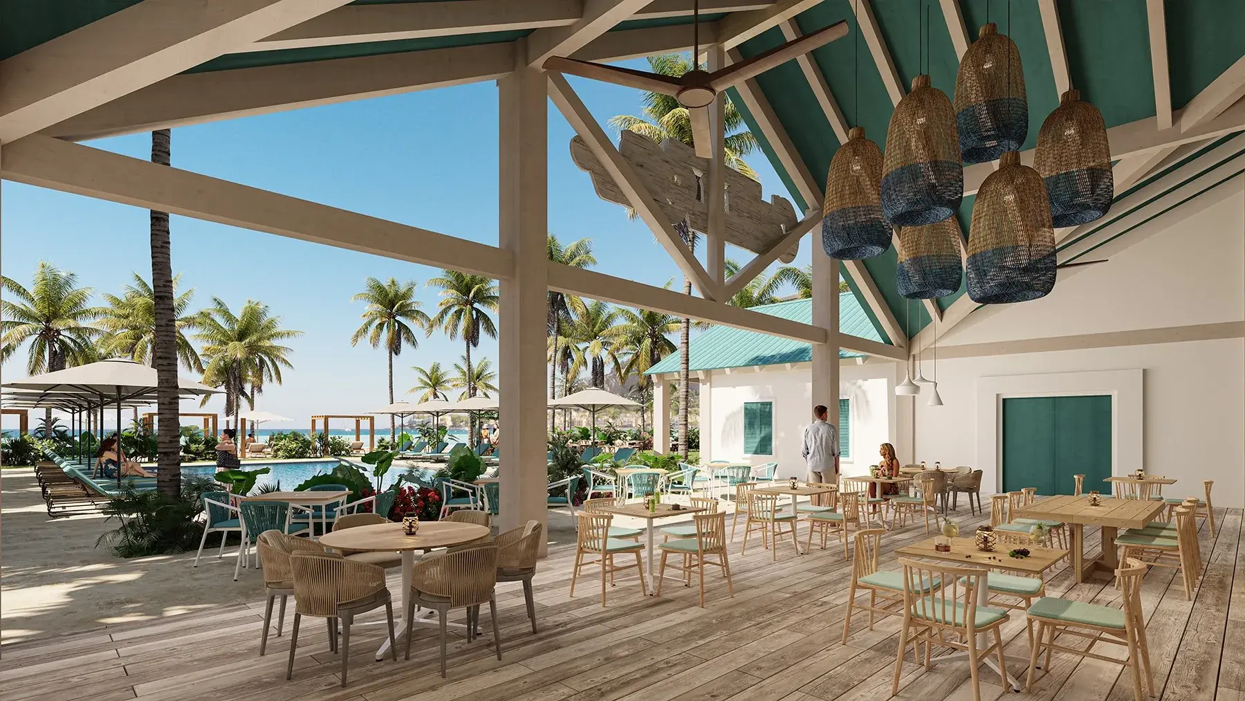 Architectural render of the open-air Margaritaville beach club terrace at Playa Caracol, with wooden beams, wicker pendant lights, dining tables and a view of the beach.