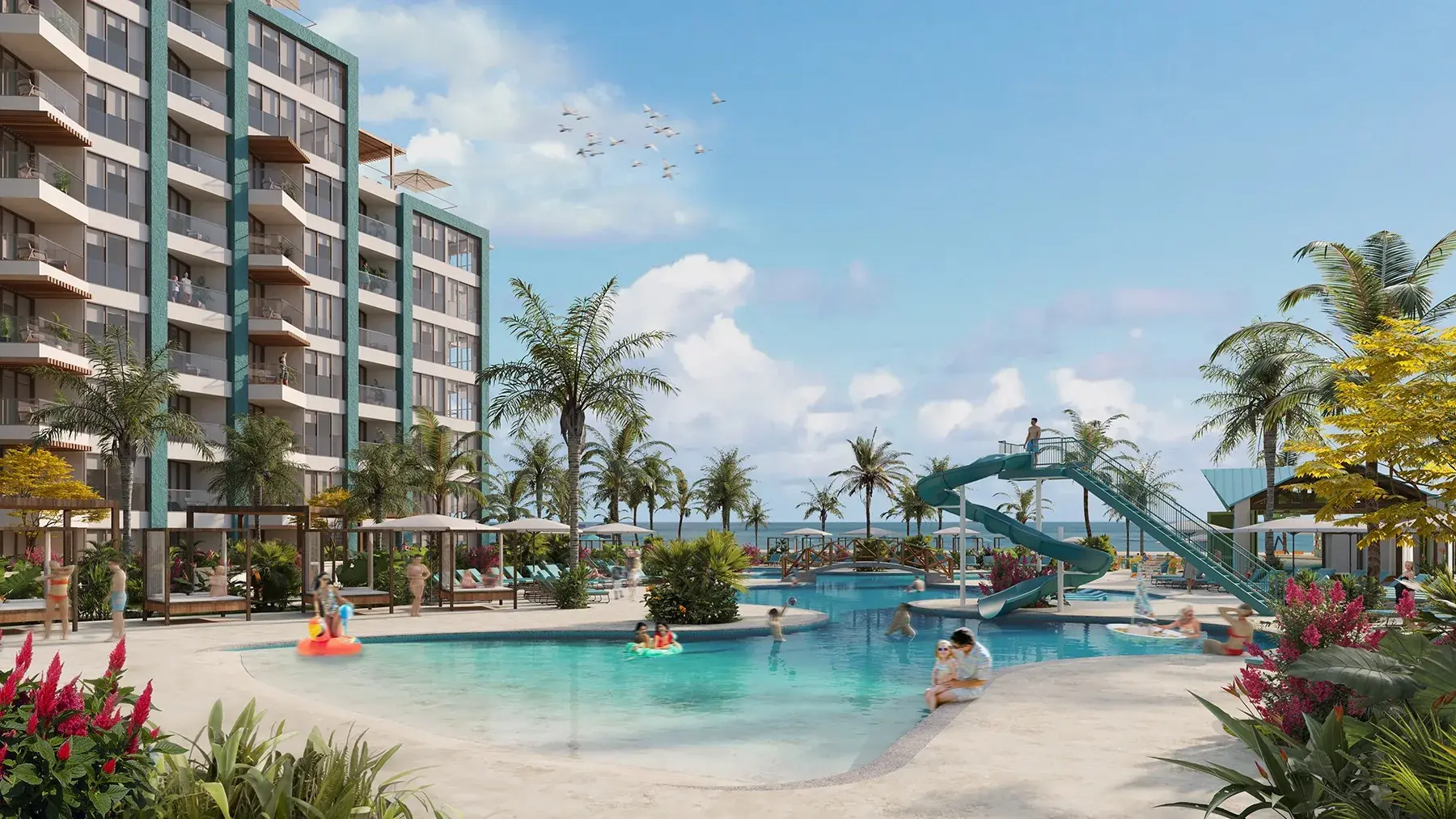 Architectural render of the Margaritaville resort pool at Playa Caracol, with a sandy beach-entry edge, a waterslide tower and the ocean behind the palms.