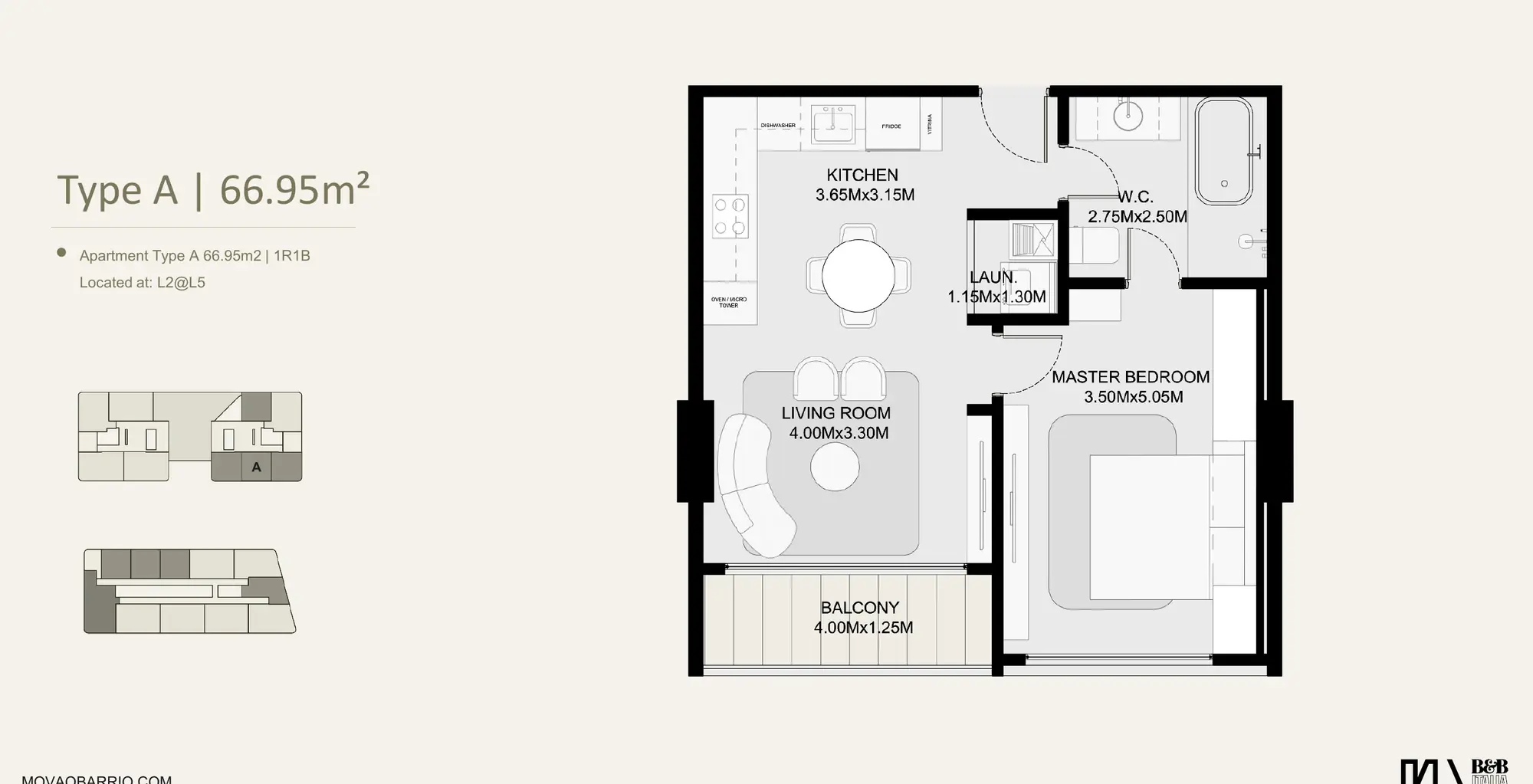 Floor plan of a 66.95 m² MOVA Residences apartment with one bedroom, one bathroom and a balcony.