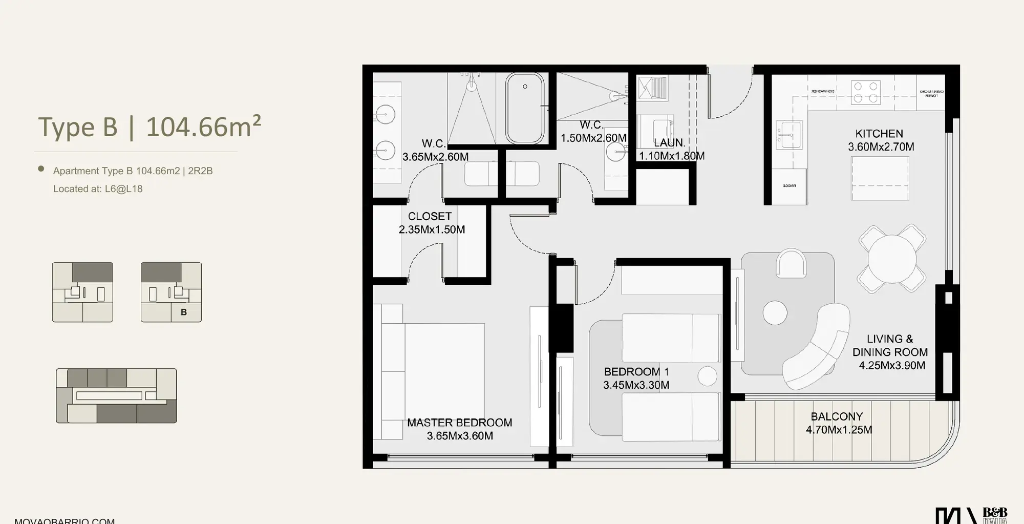 Floor plan of a 104.66 m² MOVA Residences apartment with two bedrooms, two bathrooms and a balcony.
