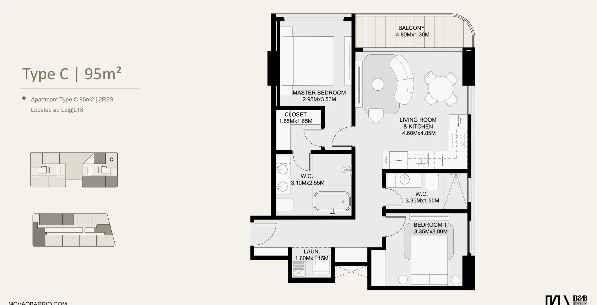 Floor plan of a 95 m² MOVA Residences apartment with two bedrooms, two bathrooms, a closet, a laundry room and a balcony.