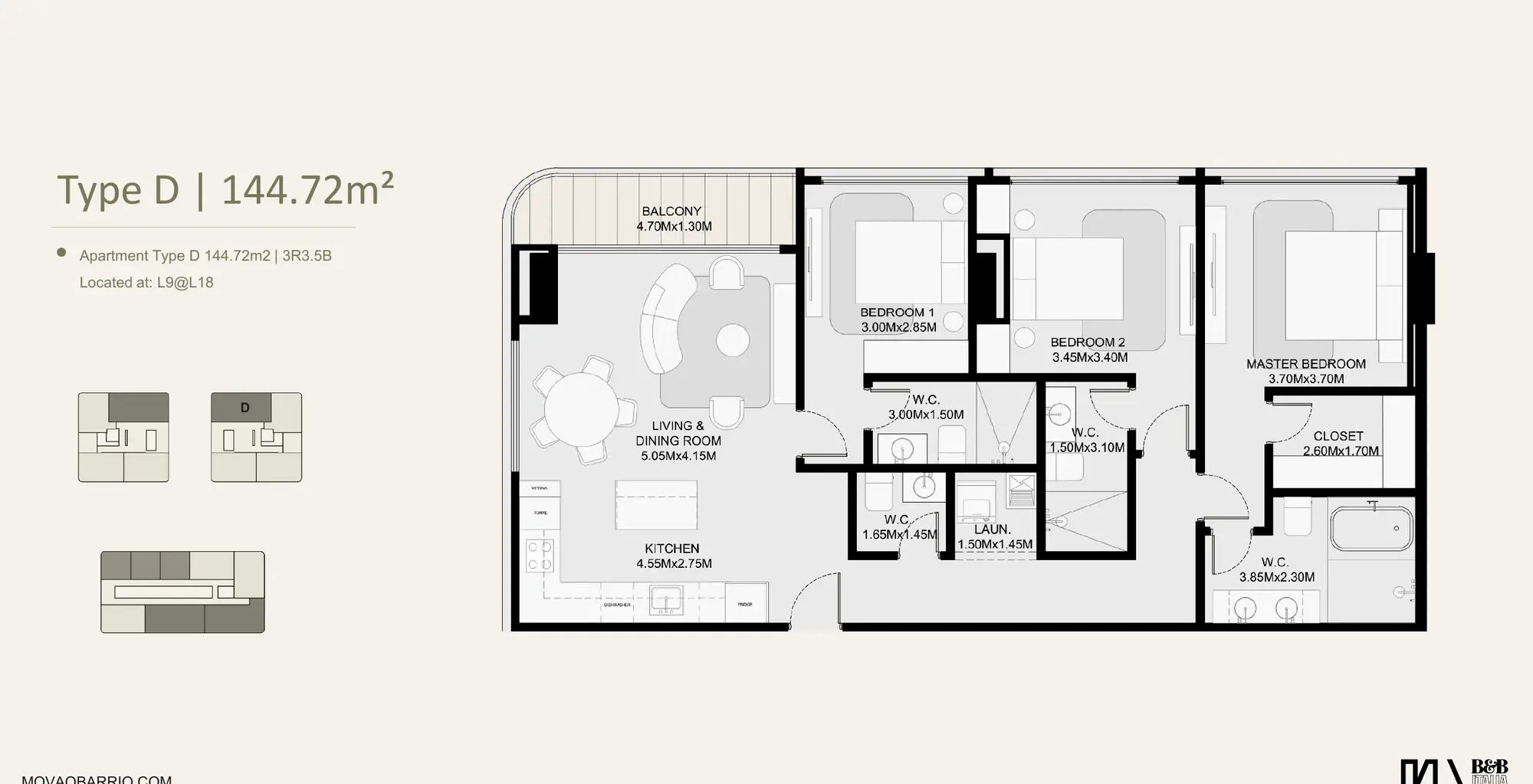 Floor plan of a 144.72 m² MOVA Residences apartment with three bedrooms, three and a half bathrooms and a balcony.