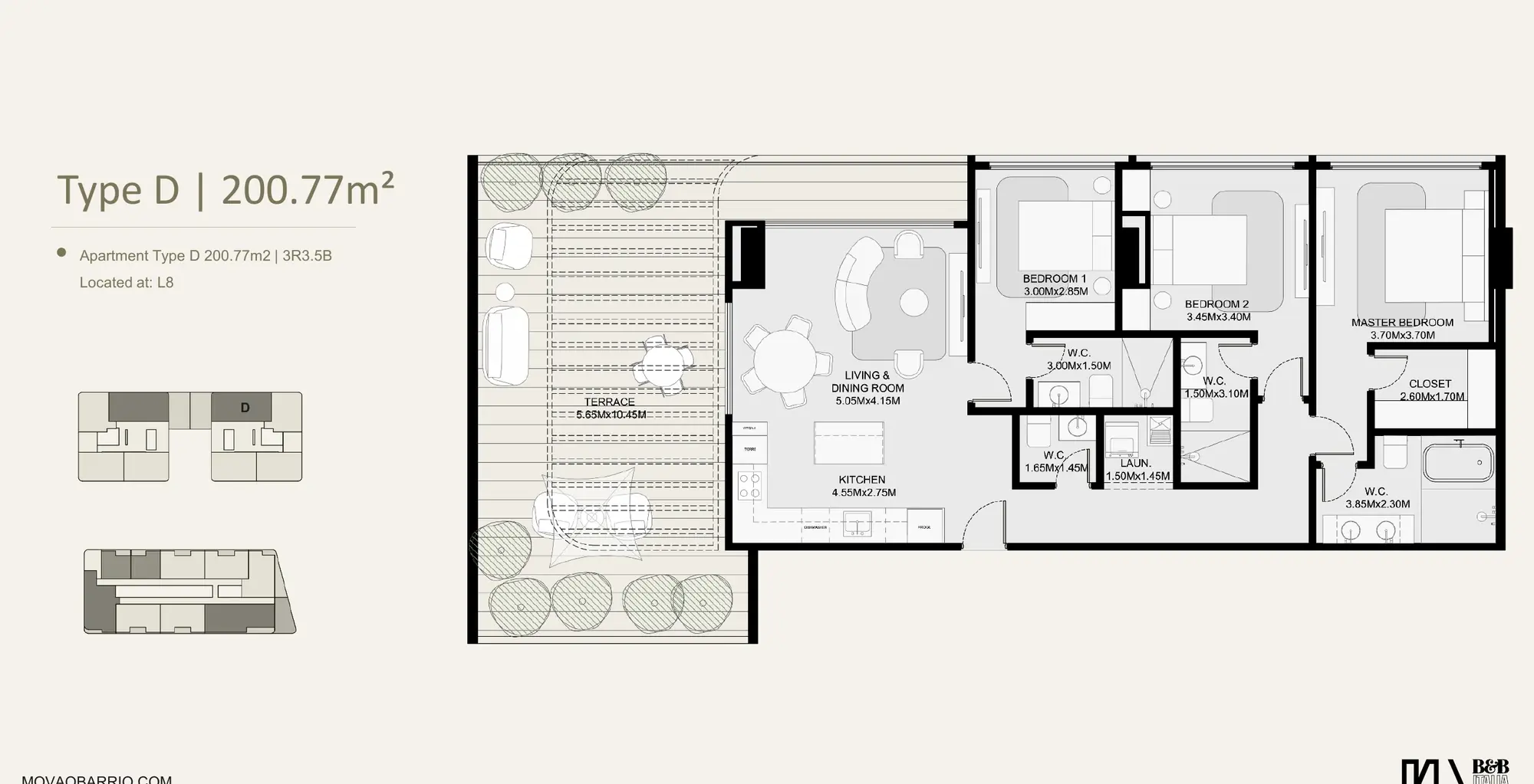 Floor plan of a 200.77 m² MOVA Residences apartment with three bedrooms, three and a half bathrooms and a large terrace.