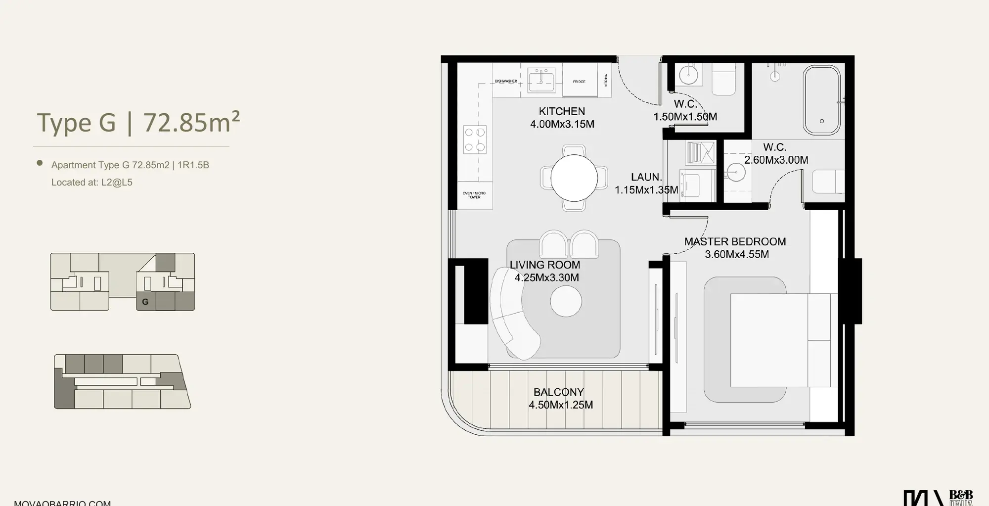 Floor plan of a 72.85 m² MOVA Residences apartment with one bedroom, one and a half bathrooms and a balcony.
