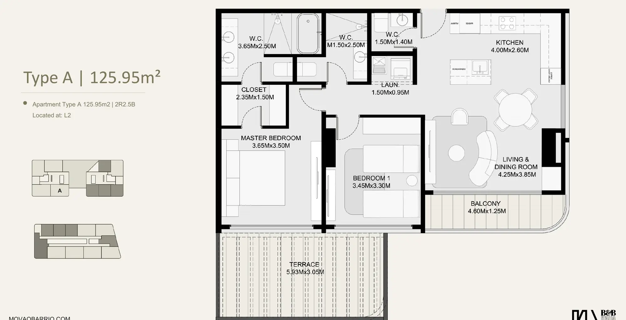 Floor plan of a 125.95 m² MOVA Residences apartment with two bedrooms, two and a half bathrooms, a balcony and a terrace.