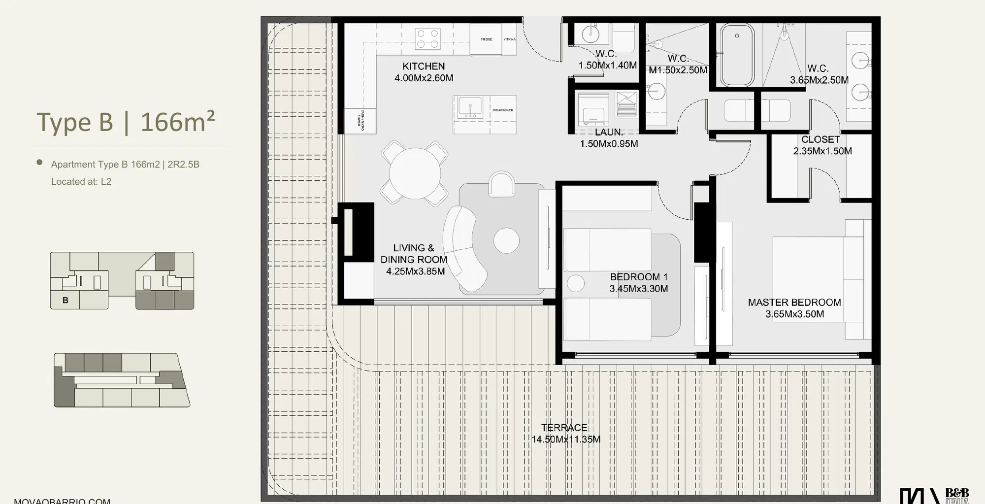 Floor plan of a 166 m² MOVA Residences apartment with two bedrooms, two and a half bathrooms and a large terrace.