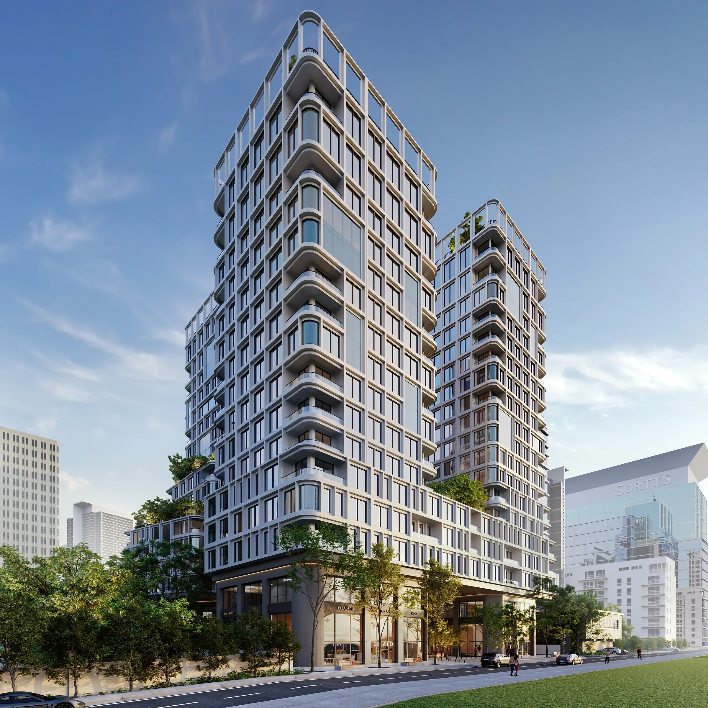 Architectural render of the MOVA Residences towers from the street corner, with curved corner balconies, a white gridded facade, open frames crowning the rooftops and shops at the base.