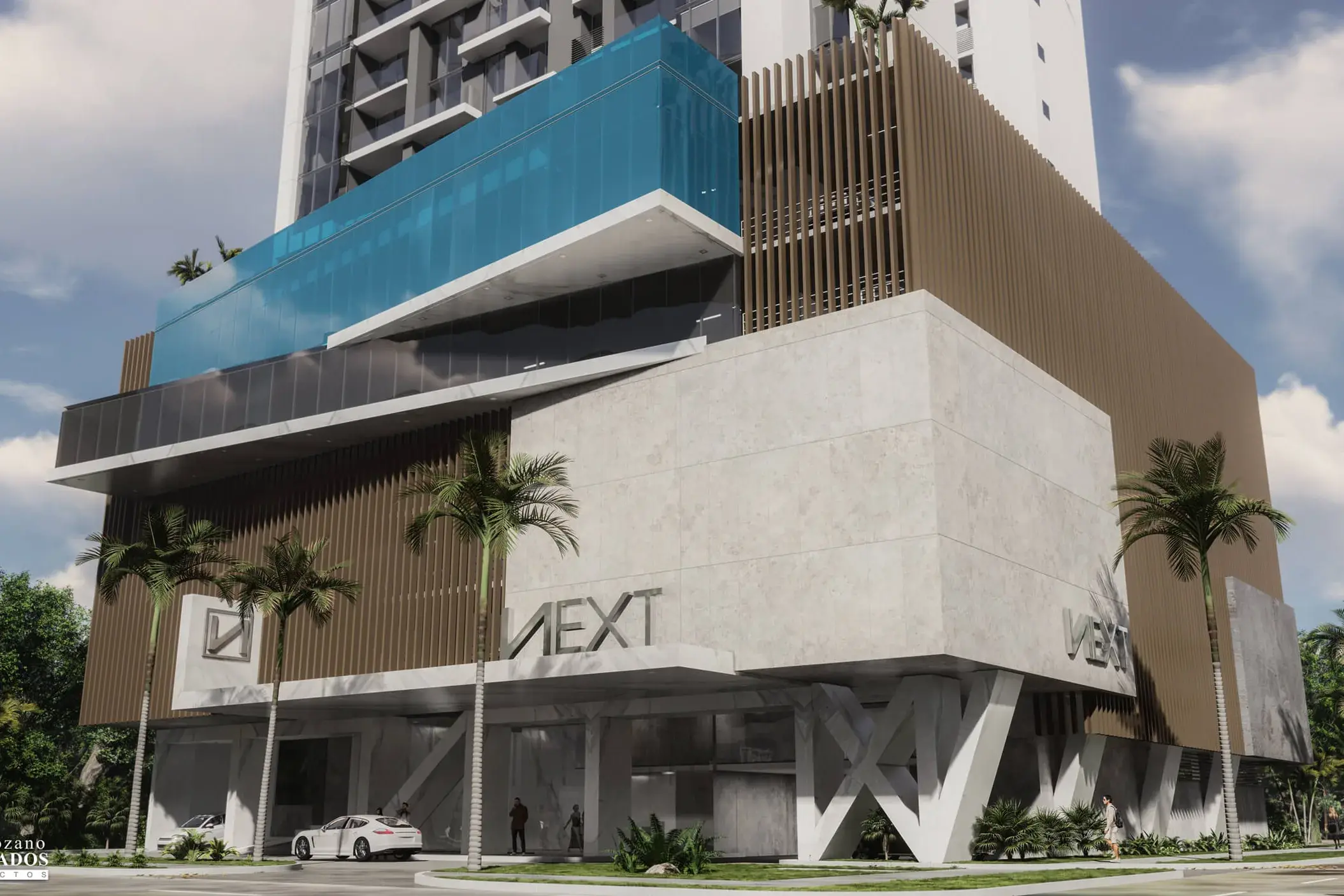 Architectural render of NEXT's entrance and pool podium in Coco del Mar.