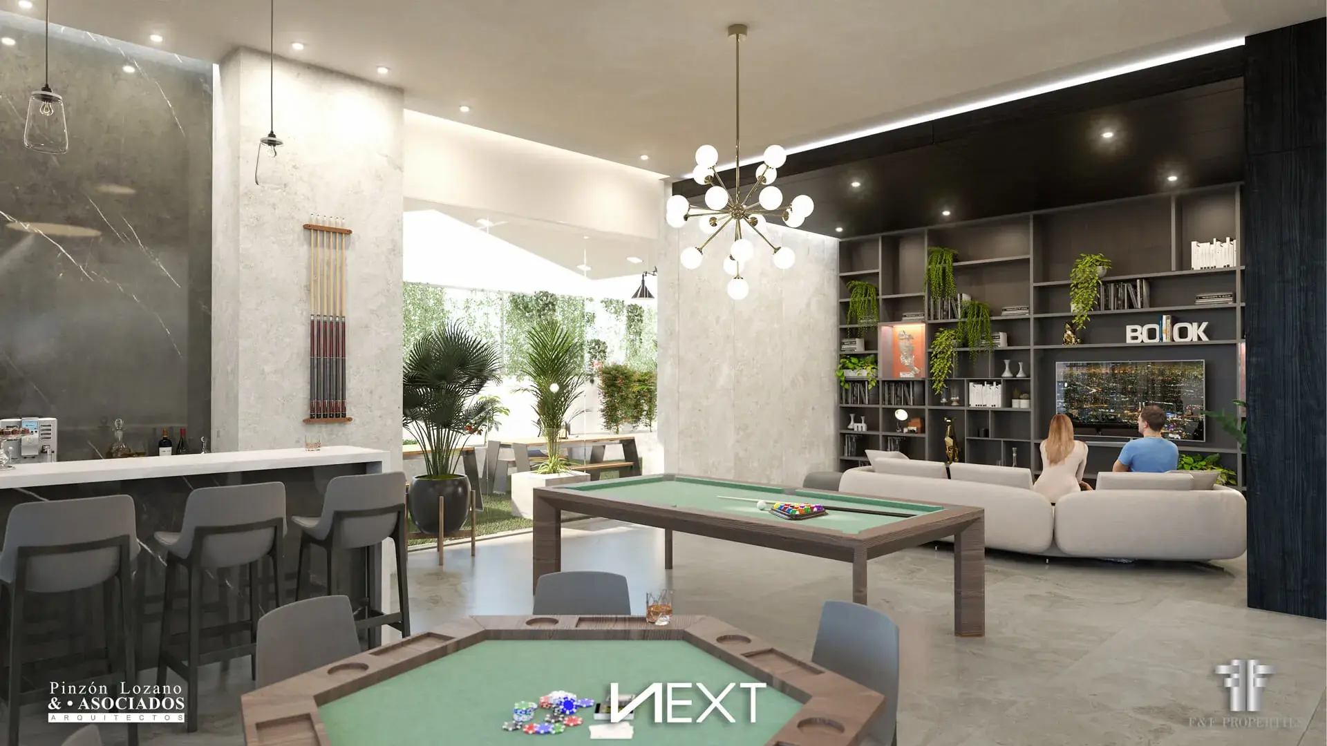 Architectural render of the NEXT game lounge.