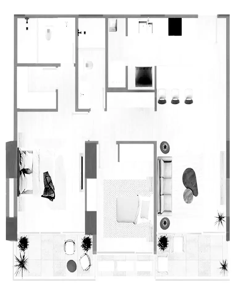 Floor plan of a two-bedroom Nogal apartment, with a primary bedroom and walk-in closet, a smaller second bedroom, two bathrooms, a kitchen with a breakfast bar, a living room and a balcony along the front.