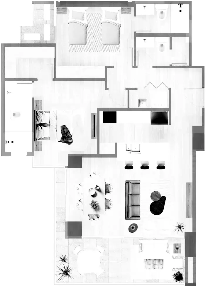 Floor plan of a two-bedroom Nogal apartment, with an en-suite primary bedroom, a second bedroom with twin beds, two more bathrooms, a kitchen with a three-stool island, a living and dining room and a terrace with outdoor dining and lounge seating.