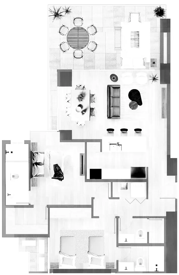 Floor plan of a two-bedroom Nogal apartment opening onto a front terrace with a round table for six and a lounge area, with a living and dining room, a kitchen with a three-stool island, an en-suite primary bedroom, a second bedroom with twin beds and two more bathrooms.