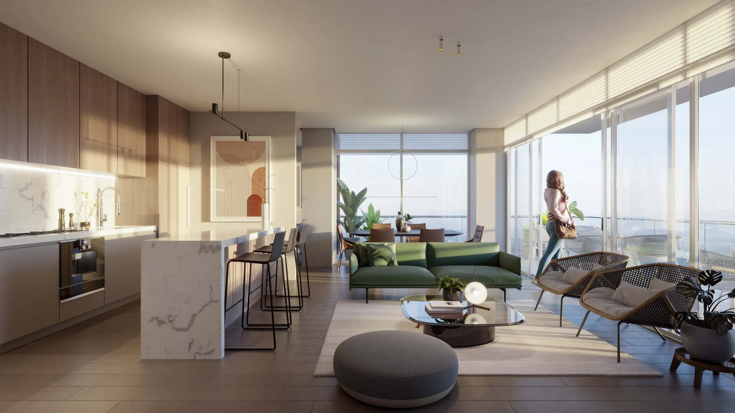 Architectural render of a Nogal apartment living room and kitchen.
