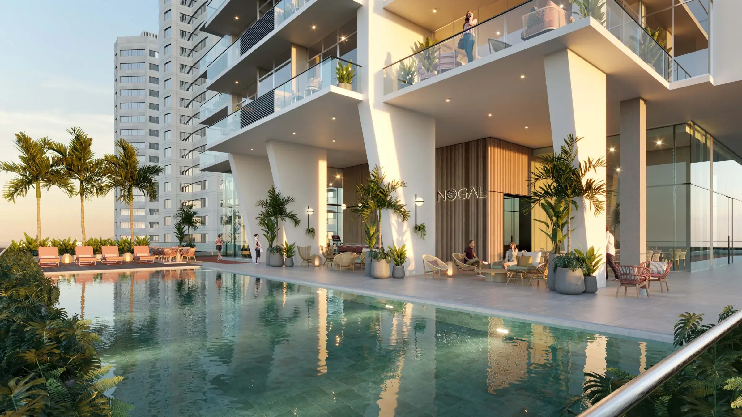 Architectural render of the Nogal pool deck.