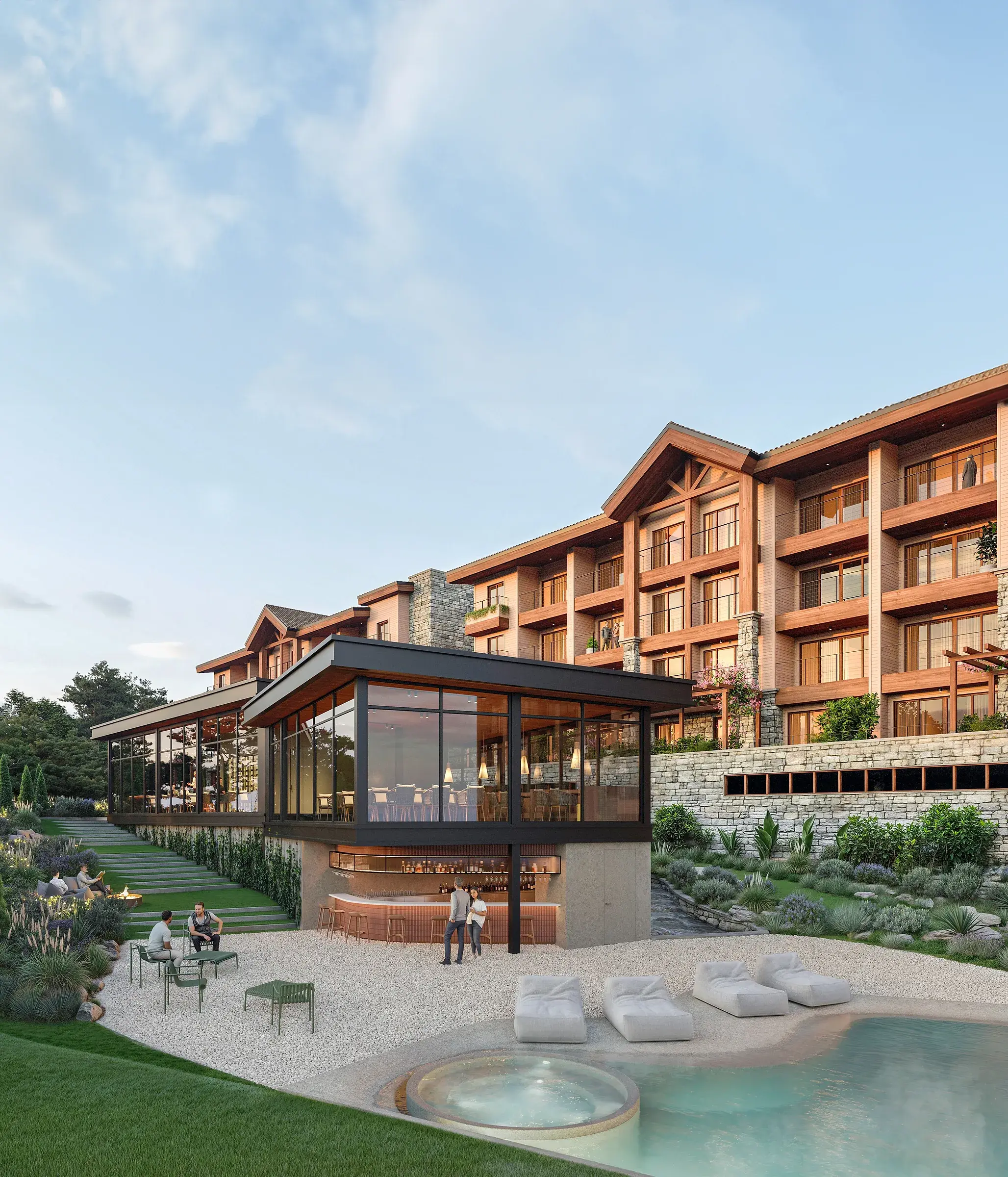 Architectural render of the Pinoalto Condo Suites grounds, with a lagoon-style pool and hot tub, an open-air bar under a glass pavilion and the timber residences above a stone wall.