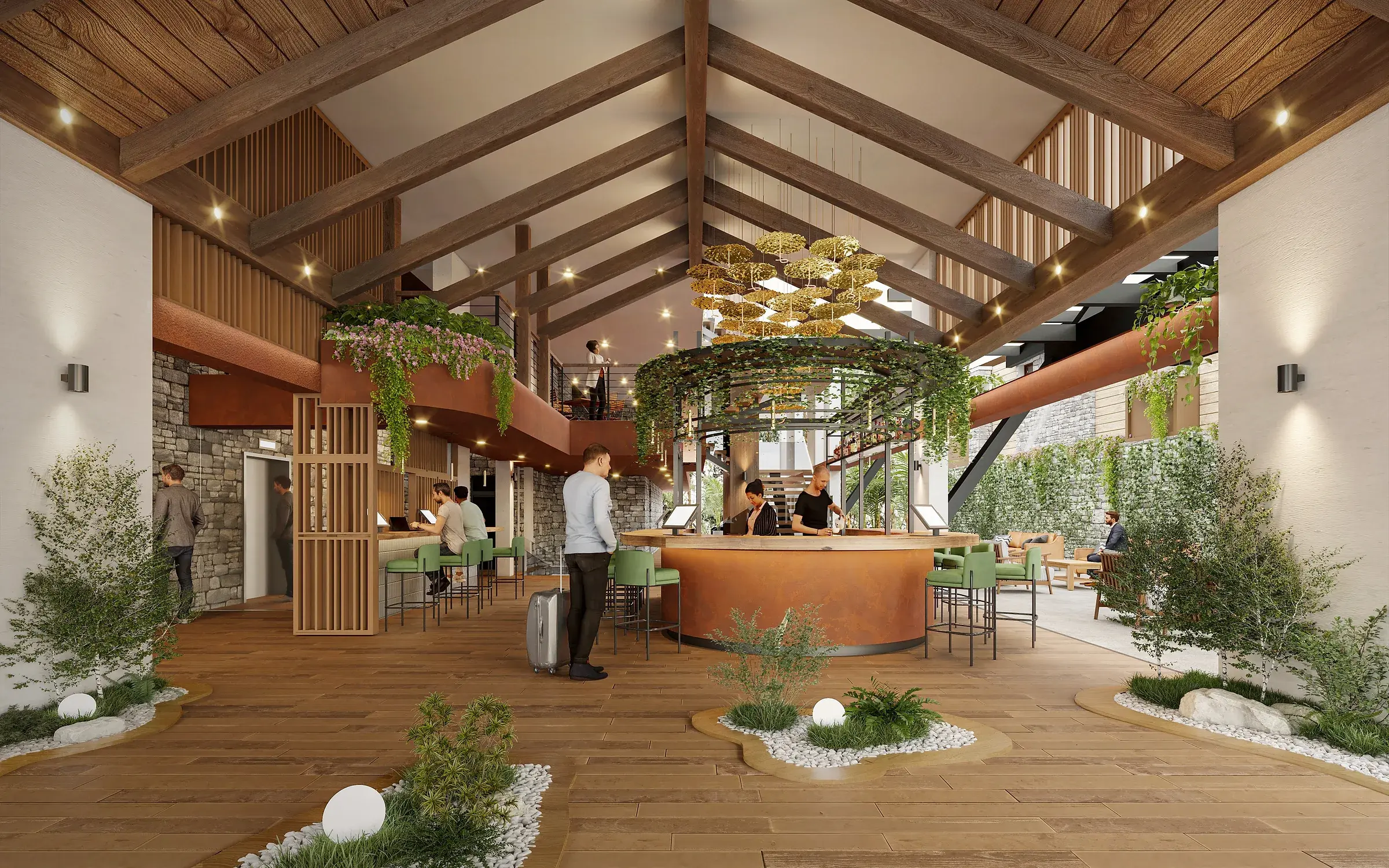 Architectural render of the Pinoalto Condo Suites lobby, with exposed timber trusses, a round copper-toned reception and bar wrapped in greenery, stone walls and a wood-plank floor.