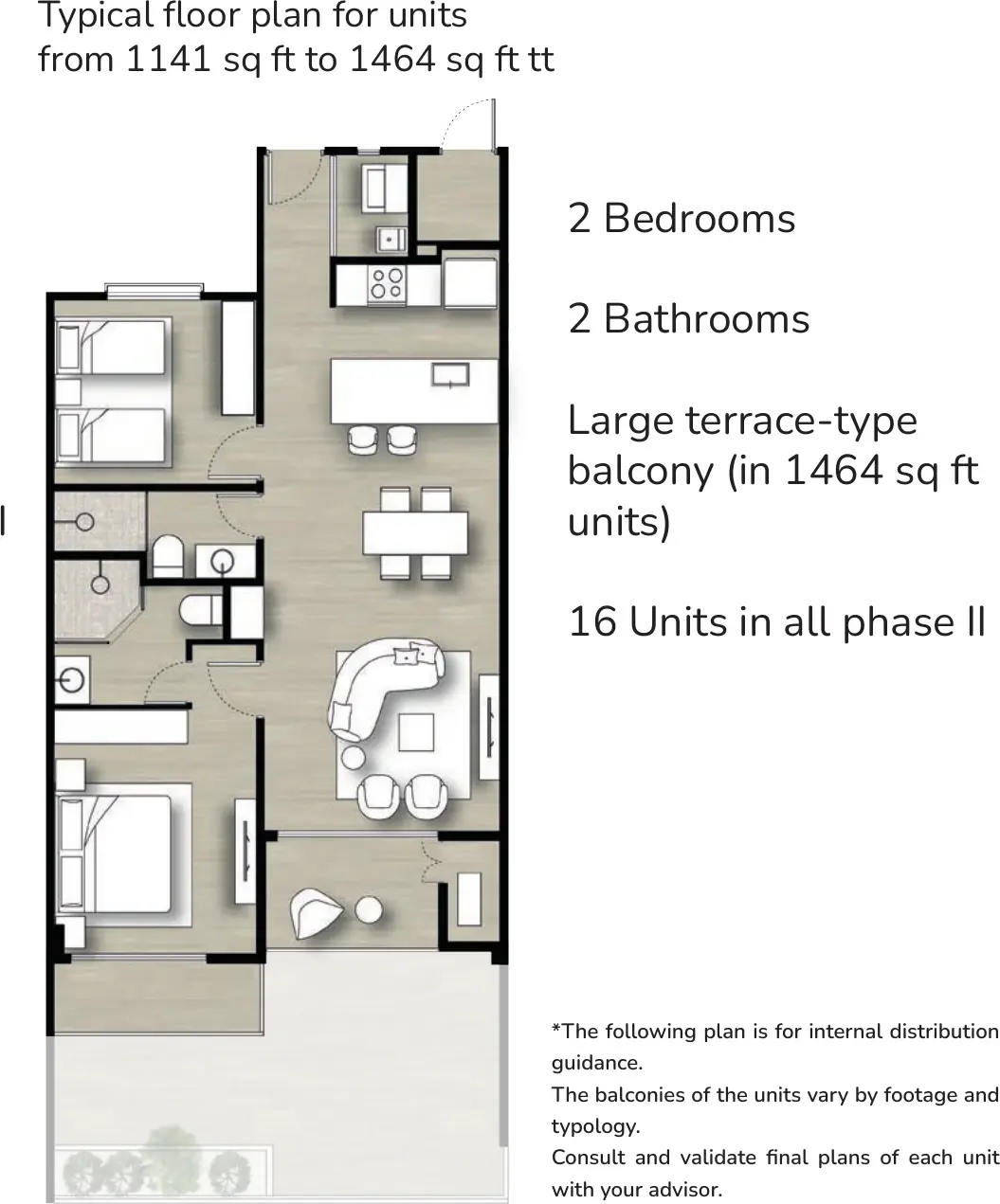 Floor plan of a 106–136 m² Pinoalto Condo Suites Phase II apartment with two bedrooms, two bathrooms and a large terrace-type balcony.