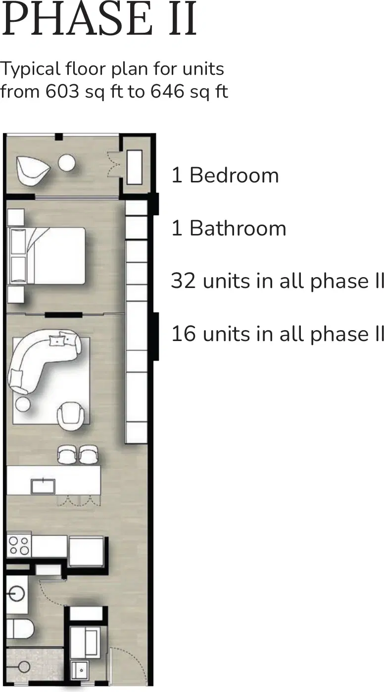 Floor plan of a 56–60 m² Pinoalto Condo Suites Phase II apartment with one bedroom, one bathroom, an open living and kitchen area and a terrace.
