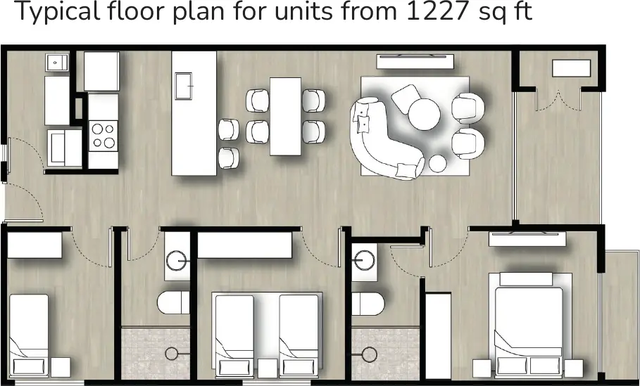 Floor plan of a 114 m² Pinoalto Condo Suites Phase III apartment with three bedrooms, two bathrooms and a balcony.