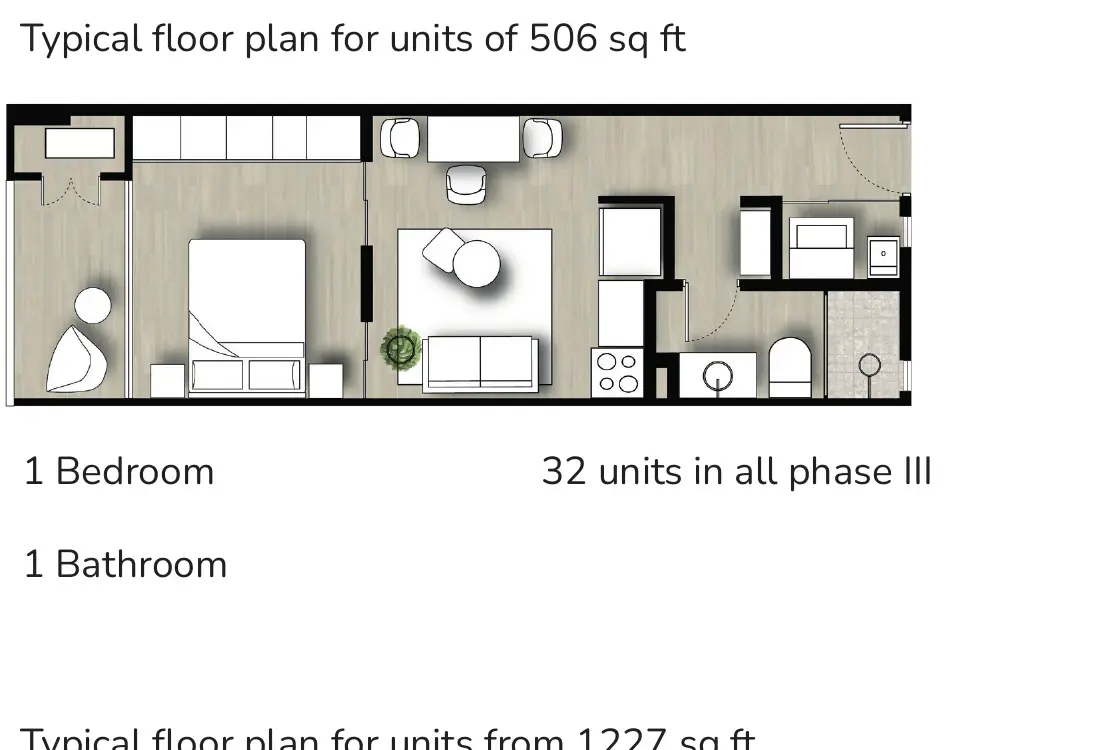 Floor plan of a 47 m² Pinoalto Condo Suites Phase III apartment with one bedroom, one bathroom and a balcony.