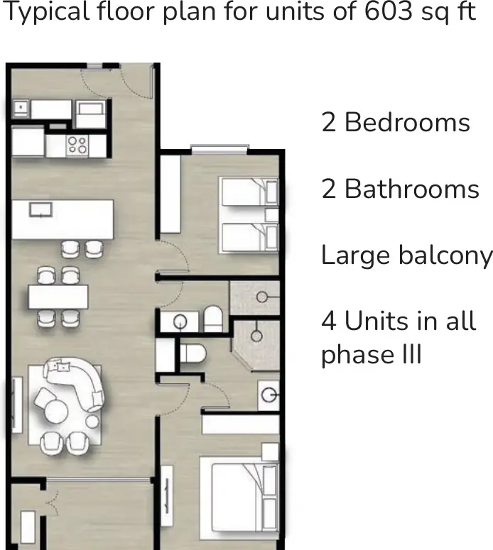 Floor plan of a 56 m² Pinoalto Condo Suites Phase III apartment with two bedrooms, two bathrooms and a large balcony.