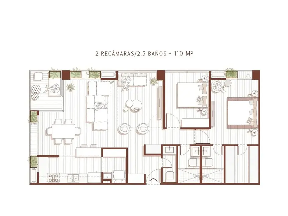 Floor plan of a 110 m² Selvática apartment with two bedrooms and two and a half bathrooms.