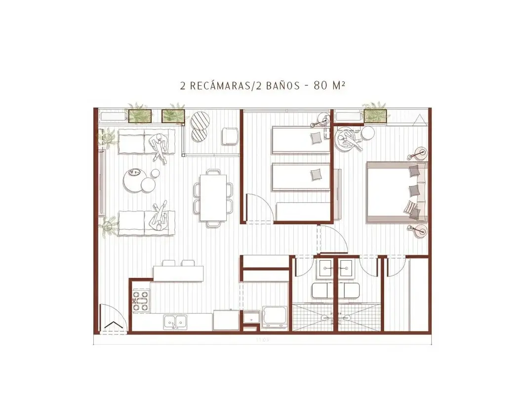 Floor plan of an 80 m² Selvática apartment with two bedrooms and two bathrooms.