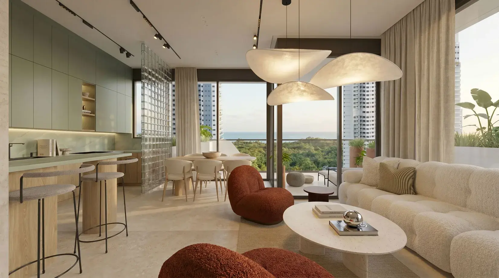 Architectural render of a Selvática apartment living room.