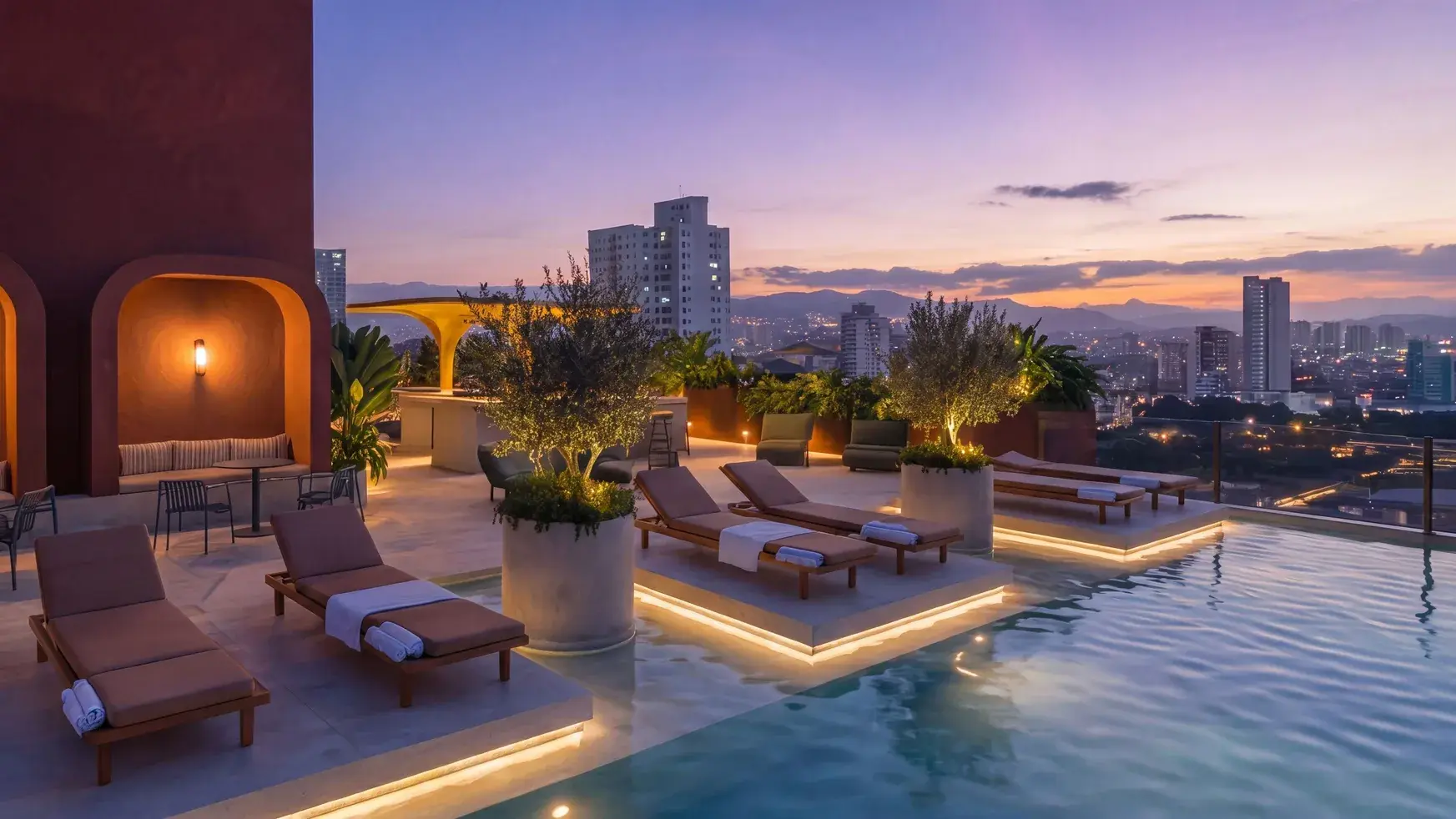 Architectural render of the Selvática rooftop pool at dusk.