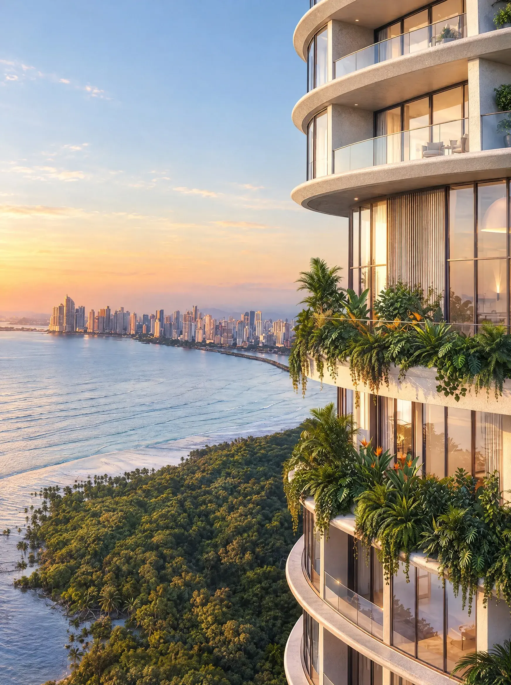 Architectural render of the curved Sensa Residences tower from above, with planted balconies on its lower floors, a wooded shoreline below and the Panama City skyline across the bay at sunset.