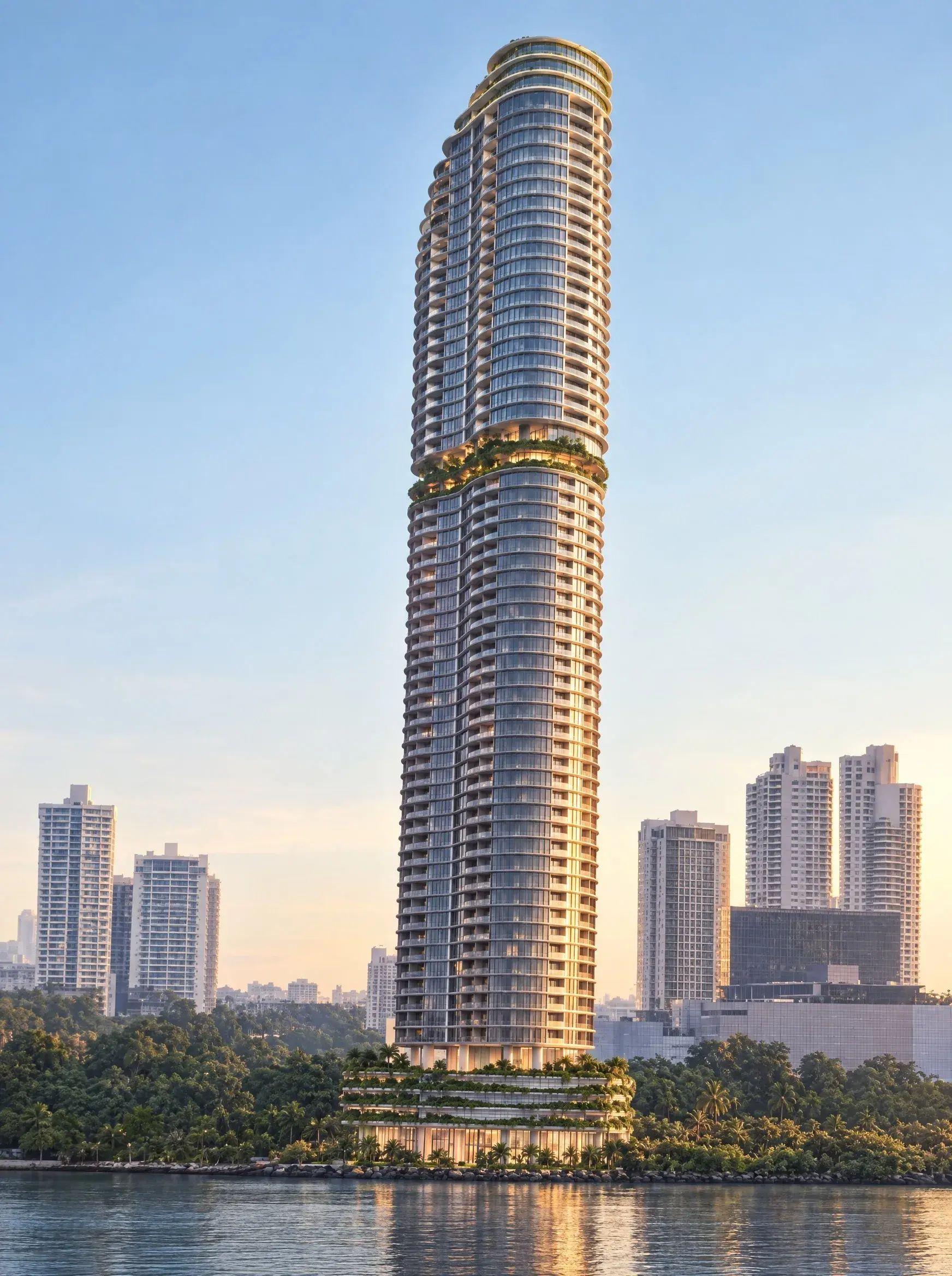Architectural render of the full Sensa Residences tower, slim and rounded, with a planted band partway up and terraced gardens at its base, rising above trees by the water.