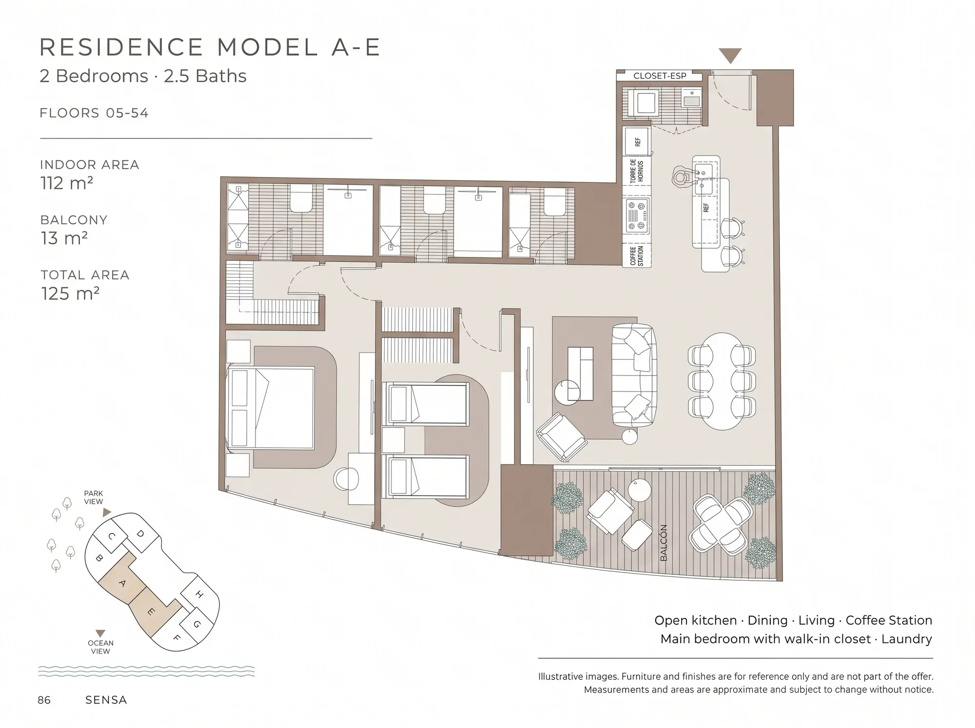 Floor plan of Sensa Residences model A-E, a 125 m² apartment with two bedrooms, two and a half bathrooms, an open kitchen, a coffee station, a primary bedroom with walk-in closet, a laundry and a 13 m² balcony, on floors 5 to 54.