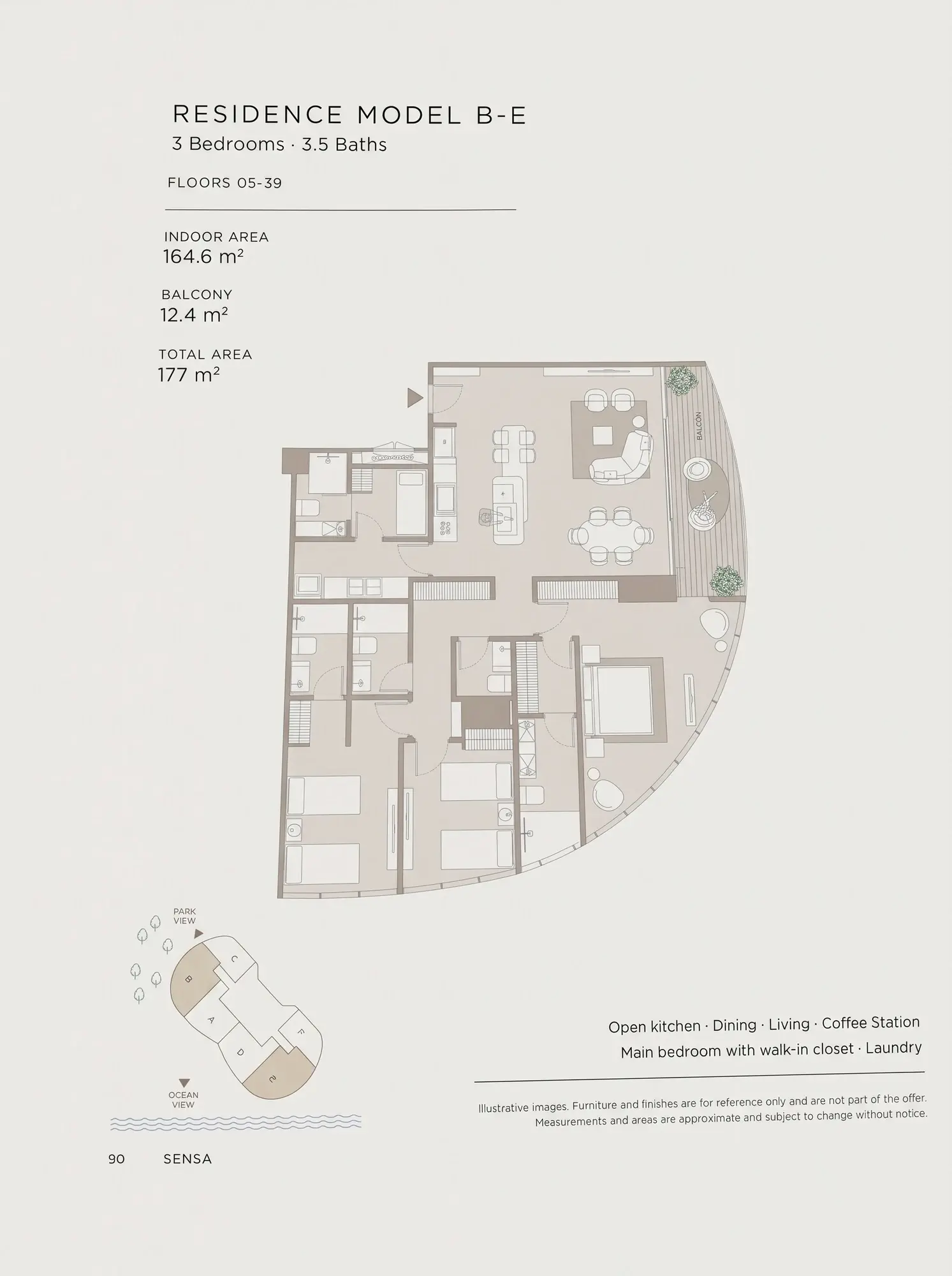 Floor plan of Sensa Residences model B-E, a 177 m² apartment with three bedrooms, three and a half bathrooms, an open kitchen, a coffee station, a primary bedroom with walk-in closet, a laundry and a 12.4 m² balcony, on floors 5 to 39.