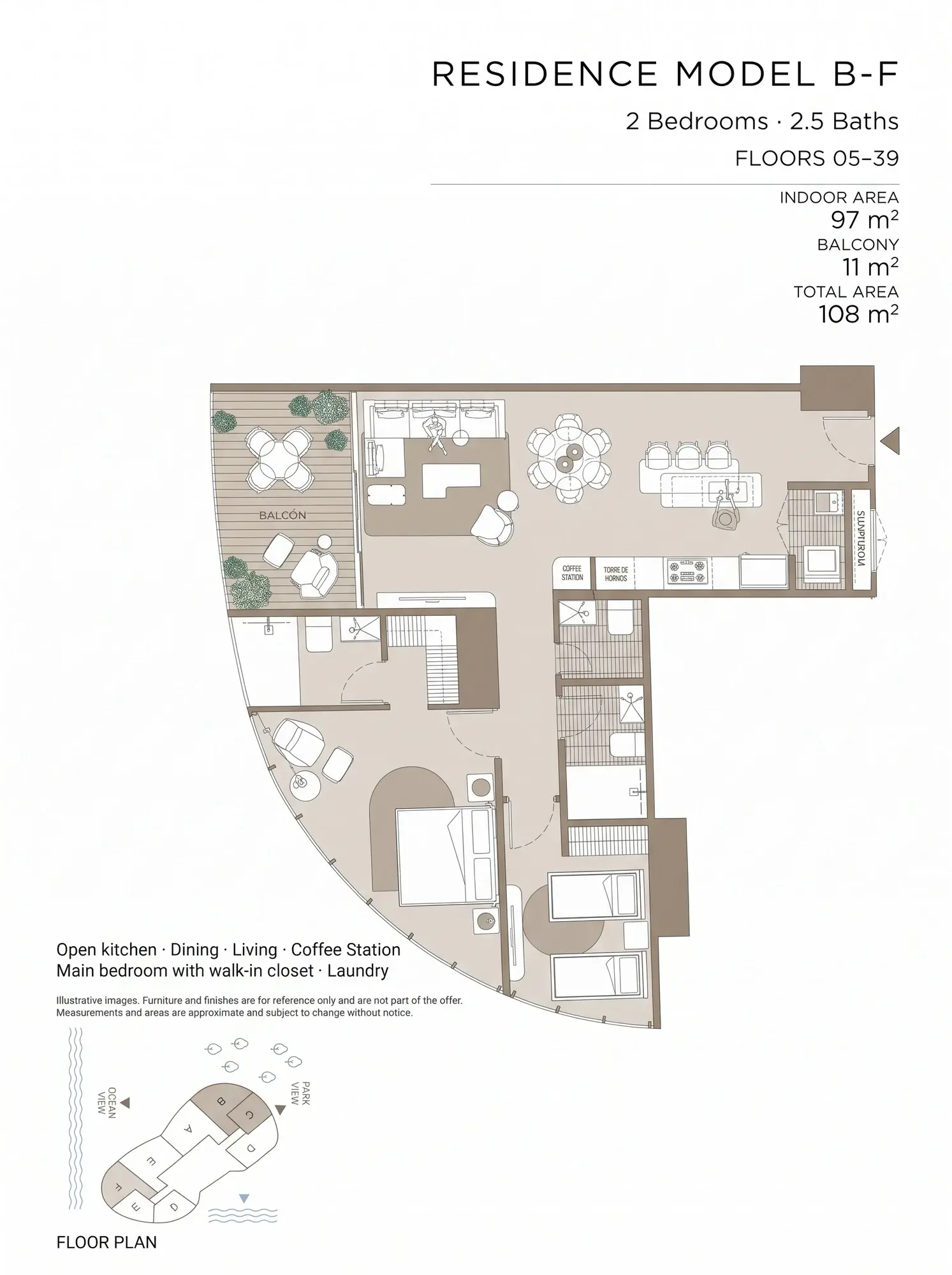 Floor plan of Sensa Residences model B-F, a 108 m² apartment with two bedrooms, two and a half bathrooms, an open kitchen, a coffee station, a primary bedroom with walk-in closet, a laundry and an 11 m² balcony, on floors 5 to 39.